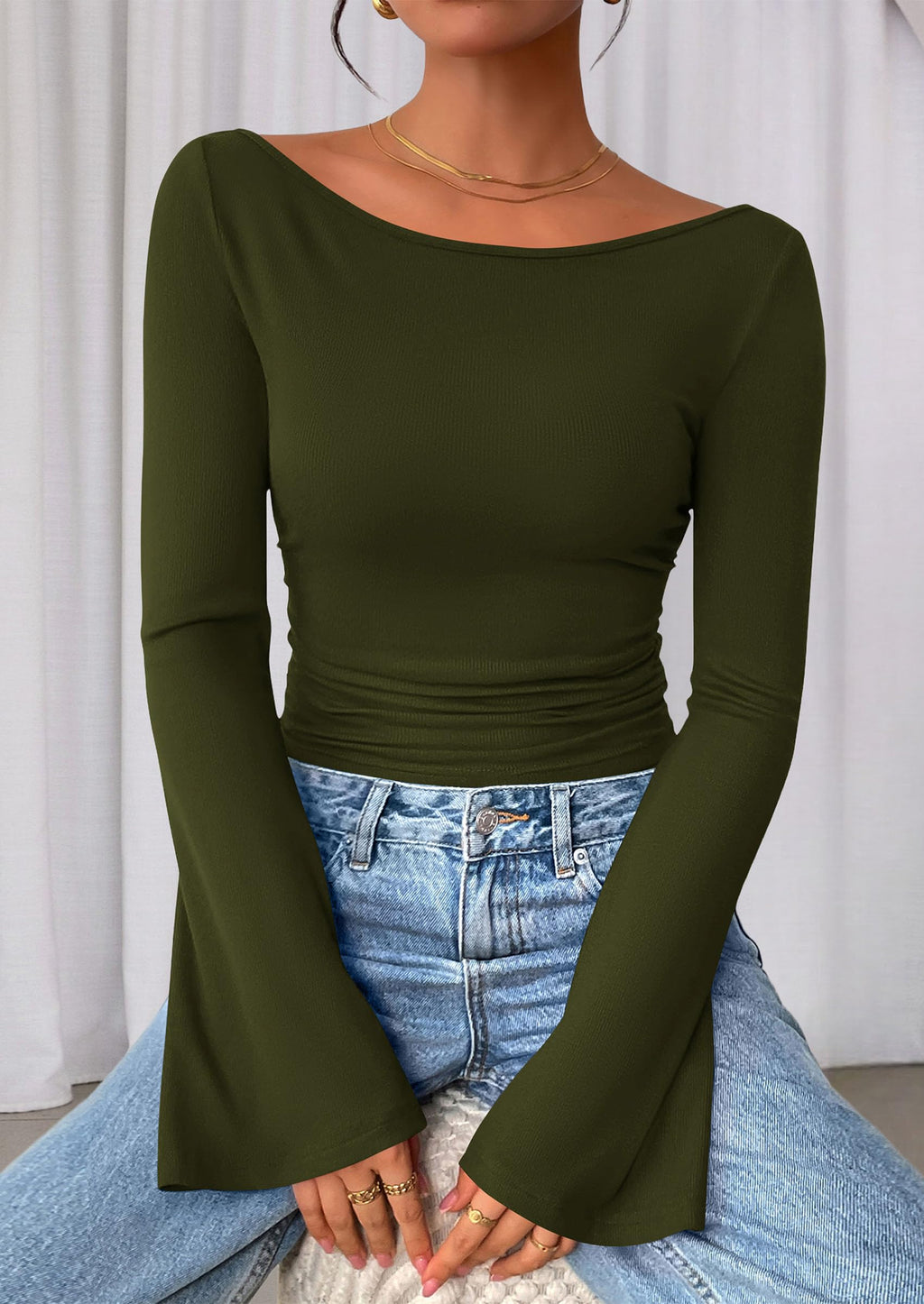 PRETTYGARDEN Women's Long Sleeve Shirts Fall Crop Going Out Tops Casual Boat Neck Bell Sleeve Ribbed Ruched Y2K Clothes