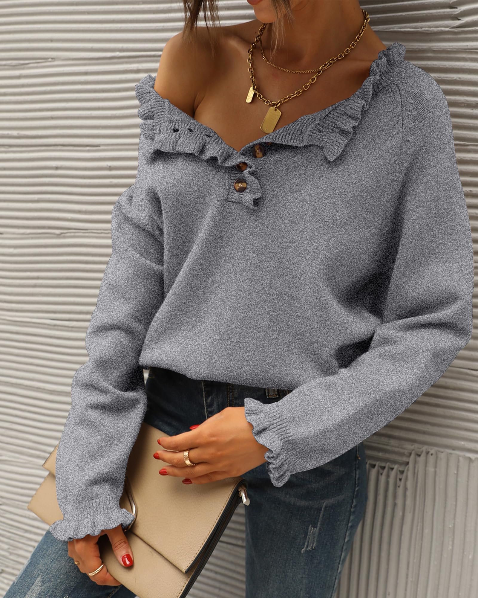 FreshPretty Womens Sweaters Fall Winter Clothes Long Sleeve Button Down Ruffle Crew Neck Casual Knitted Pullover Tops