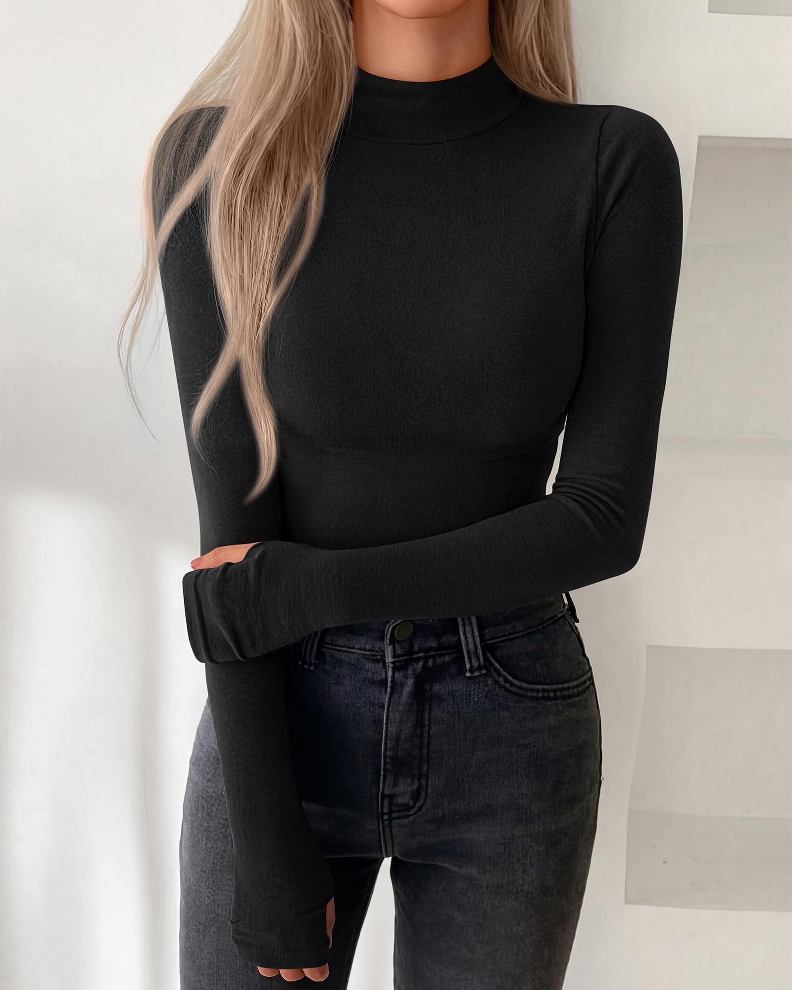 BTFBM Turtleneck Tops for Women Thumbhole Long Sleeve Shirts | Lightweight Fleece Lining, Casual Basic Layering Top, Slim Fit Stretch Winter Thermal Underwear, Fall Fashion Clothing