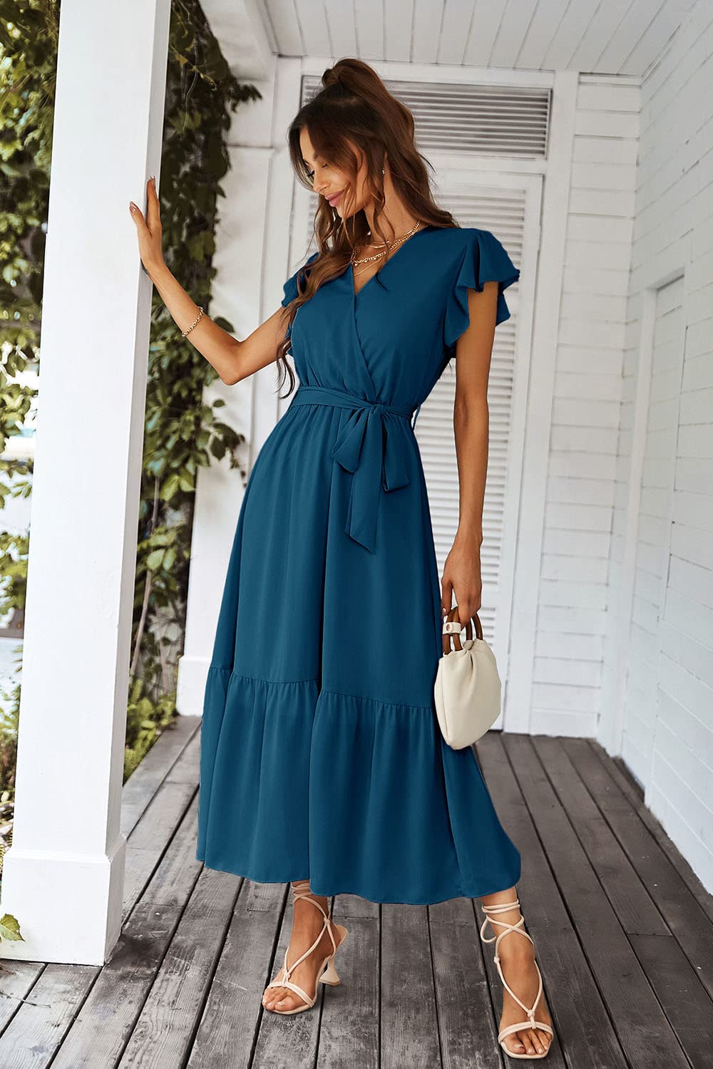 PRETTYGARDEN Women's Summer Floral Boho Maxi Dress Wrap Short Sleeve V Neck Ruffle A-Line Flowy Wedding Guest Long Dresses