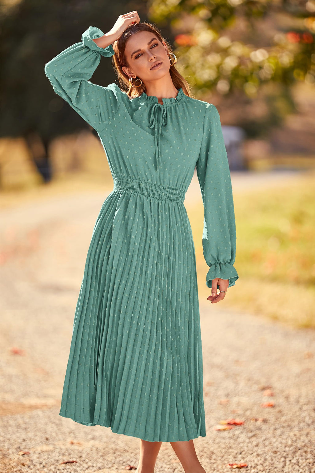 PRETTYGARDEN Women's Spring Fall Midi Dress Casual Long Sleeve V Neck Swiss Dot Pleated A Line Flowy Dresses