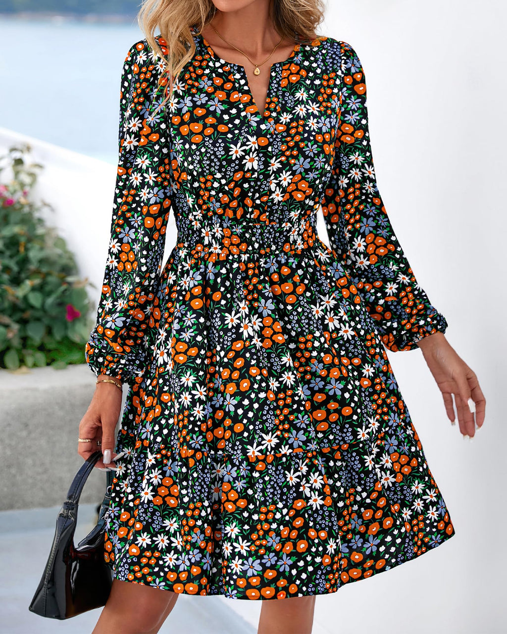 BTFBM Spring Dresses for Women Mini Long Sleeve Elastic Waist Summer Vacation Outfits Floral Wedding Guest Dress