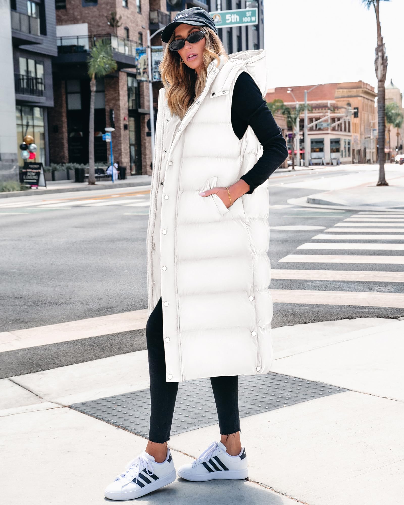 FreshPretty Long Puffer Vest Women Quilted Hooded Button Down Zip Up Sleeveless Vests Outerwear Padded Jacket Fall Winter Coat