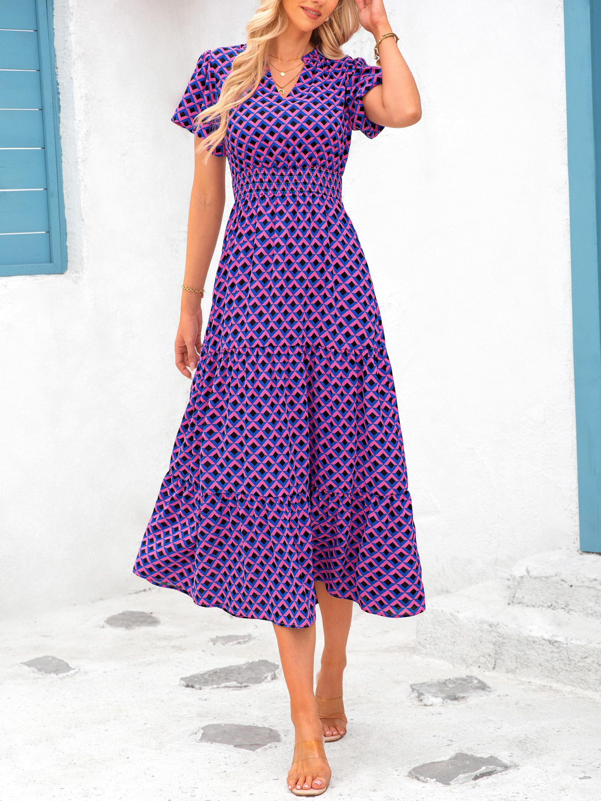 PRETTYGARDEN Summer Maxi Dresses for Women  Casual V Neck Puff Short Sleeve Smocked Flowy Beach Boho Long Floral Dress