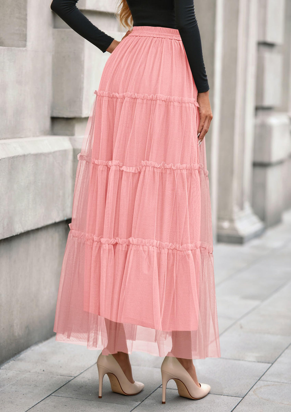 PRETTYGARDEN Tulle Skirts for Women Fall Fashion Elastic High Waisted Fairy Tiered Flowy A-Line Casual Maxi Long Skirt