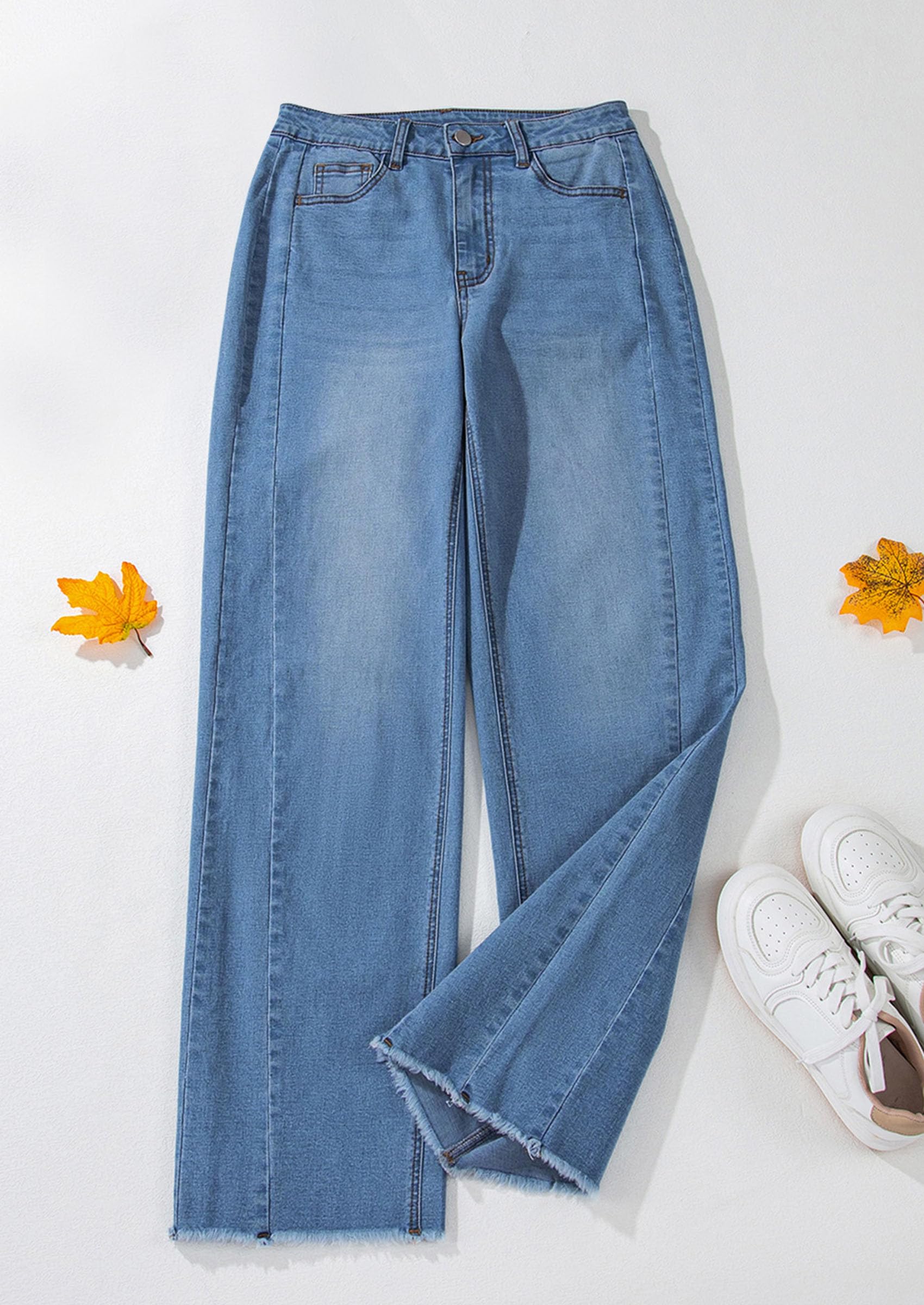 PRETTYGARDEN Wide Leg Jeans for Women Trendy High Waisted Stretchy Baggy Raw Hem Denim Palazzo Pants Fall Clothes