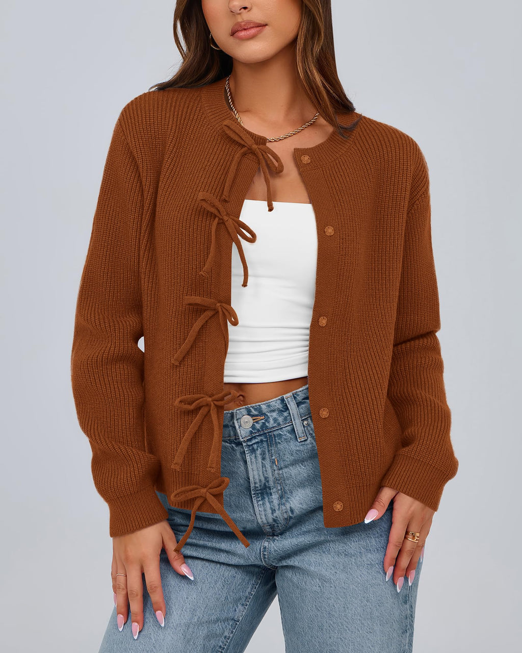 BTFBM Bow Cropped Cardigan Sweaters for Women Fall Winter Open Front Sweater Long Sleeve Button Fashion Spring Clothes