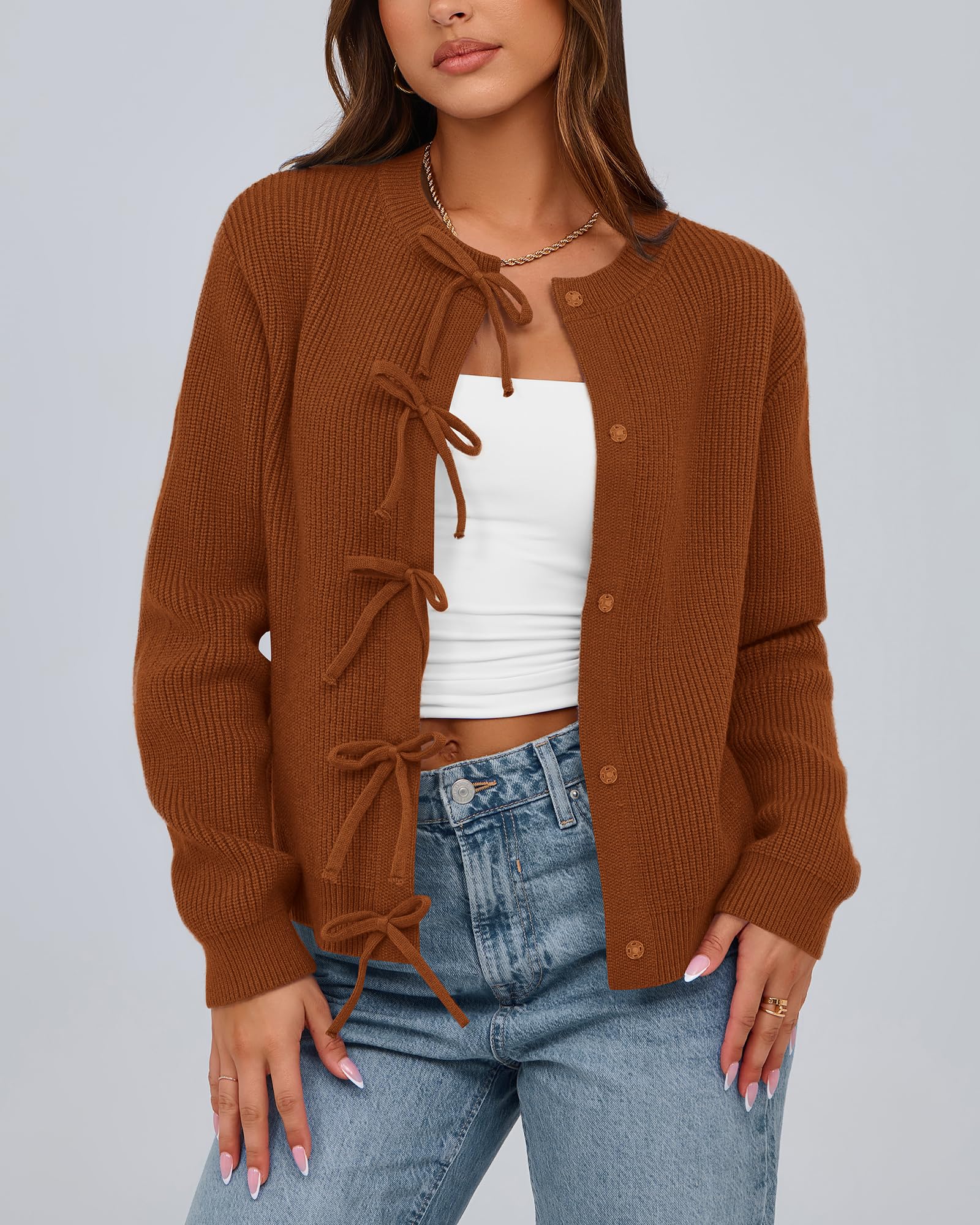 BTFBM Bow Cropped Cardigan Sweaters for Women Fall Winter Open Front Sweater Long Sleeve Button Fashion Spring Clothes
