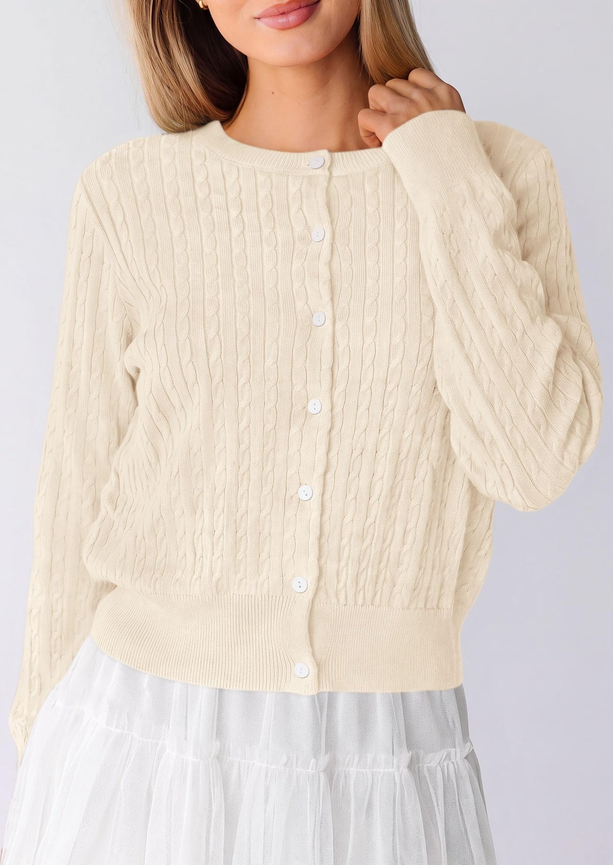 PRETTYGARDEN Women Lightweight Button Up Cardigan Sweaters | Soft Stretchy, Cozy Cable Knit, Long Sleeve Crew Neck, Trendy Cardigans, Cute Casual Outfits, Early Fall Fashion Clothing