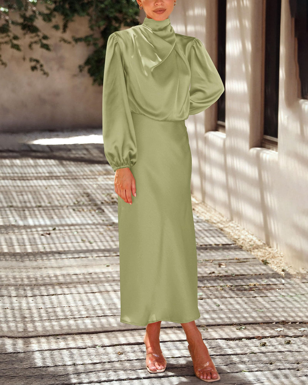 BTFBM Womens Mock Neck Satin Dress Spring Summer Long Sleeve Lightweight Formal Wedding Party Maxi Cocktail Dresses