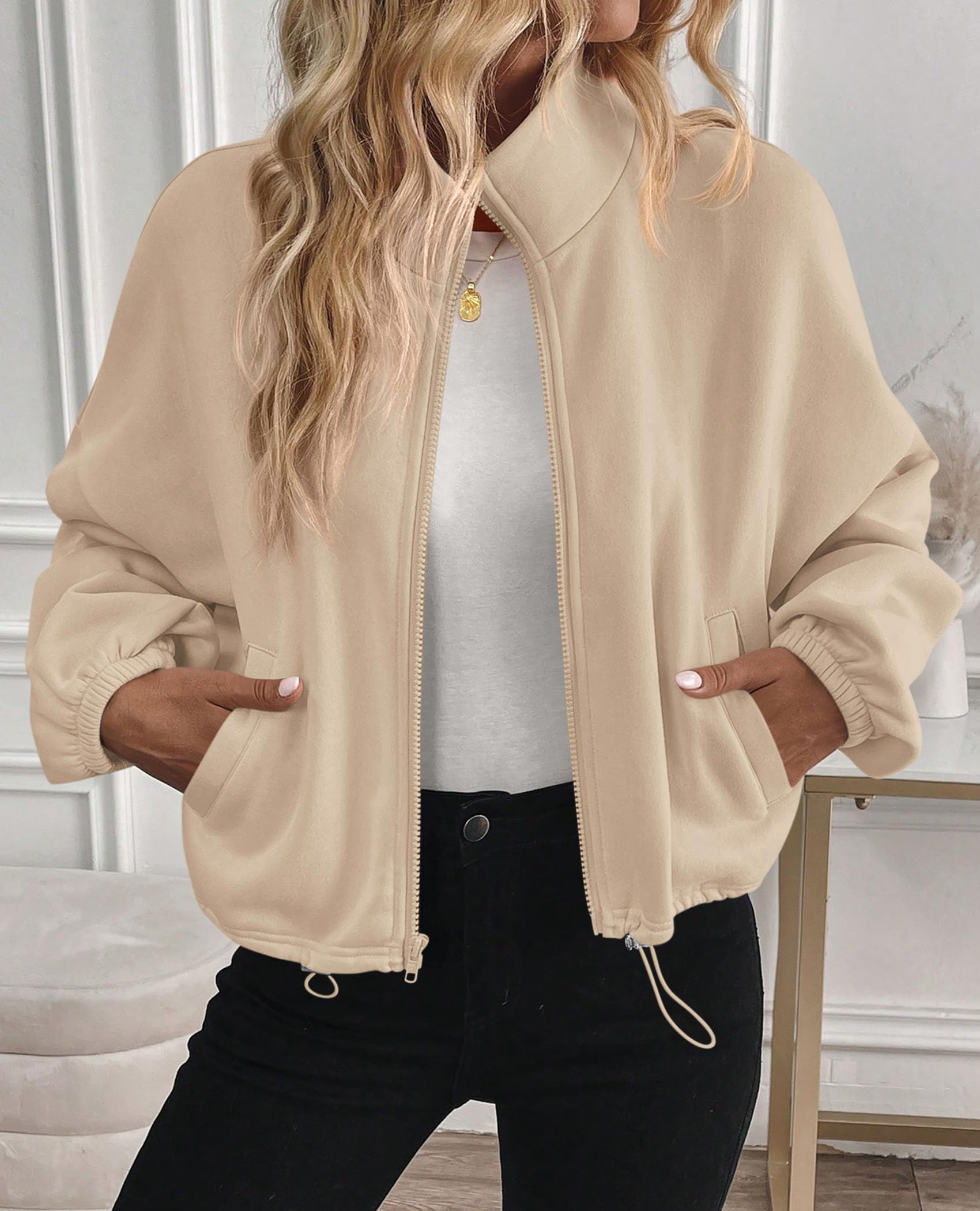 PRETTYGARDEN Womens Zip Up Fleece Cropped Sweatshirt Jacket Oversized Loose Soft Stand Collar with Drawstring Hem, Long Sleeve Casual Coat With Pockets, Fall Outfits Winter Clothing