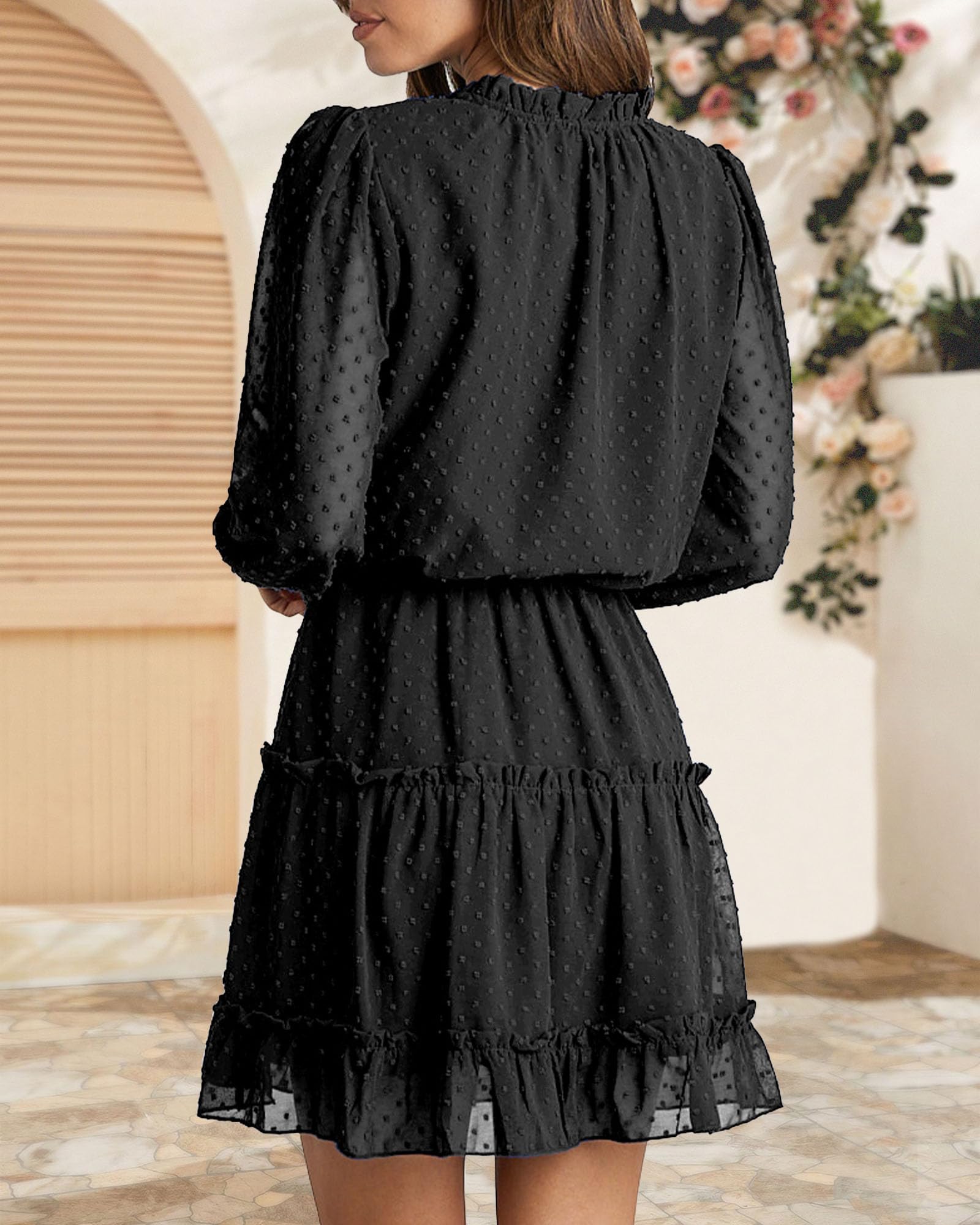 FreshPretty Long Sleeve Fall Dresses for Women Summer Casual Tie Neck Ruffle Tiered A Line Wedding Guest Short Mini Dress