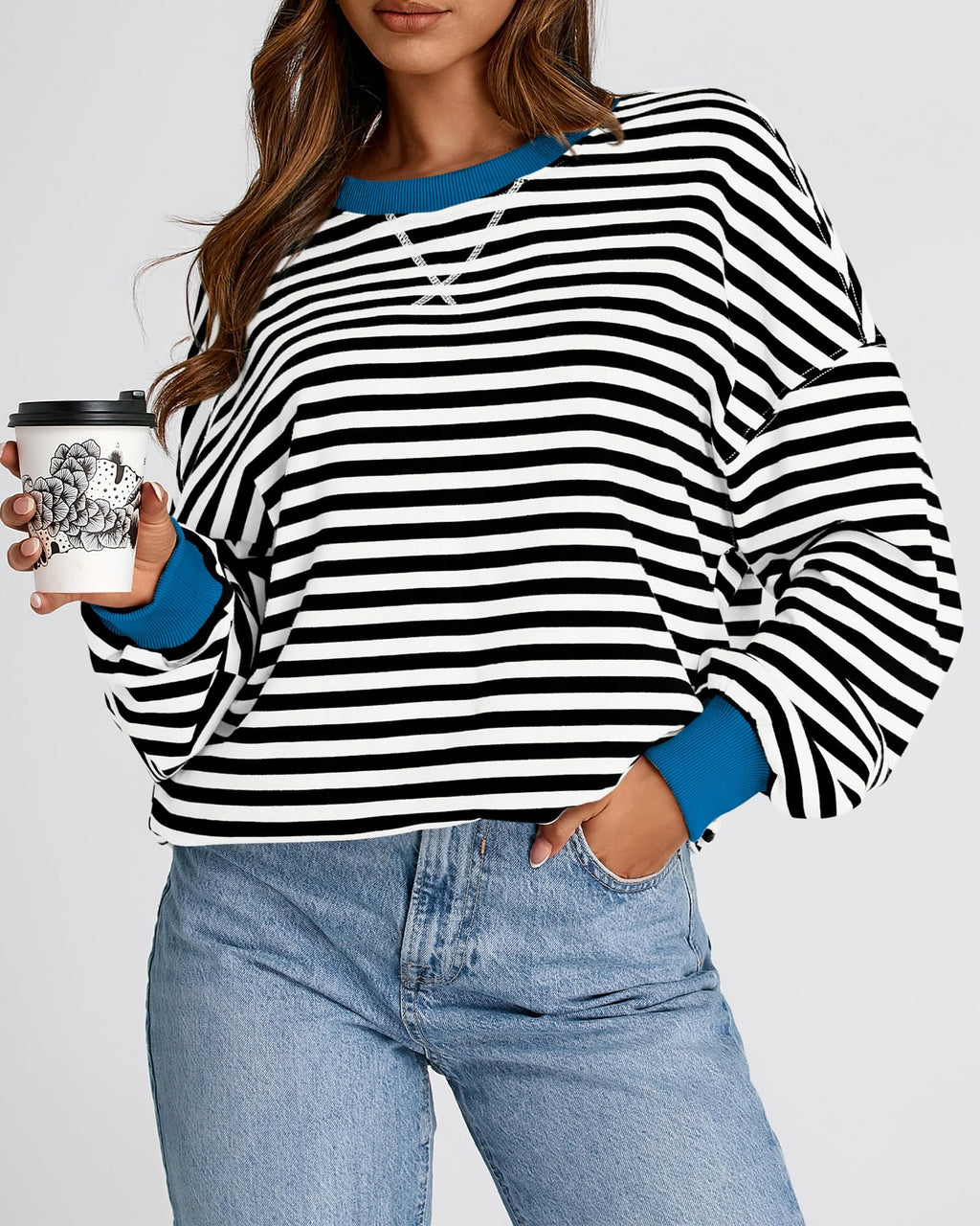BTFBM Sweatshirt For Women Summer Crewneck Long Sleeve Oversized Striped Pullover Tops Y2K Clothes Workout Shirt