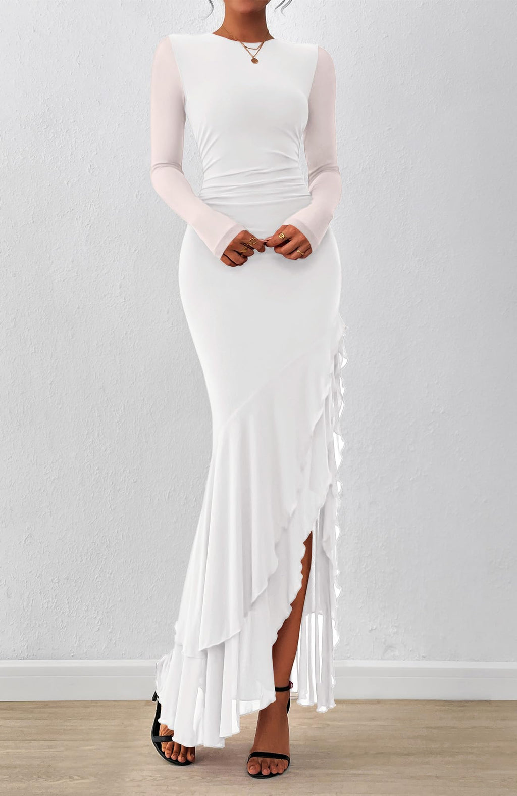 BTFBM Women's Maxi Dresses Fall Long Sleeve Wedding Guest Dress Mesh,Ruched,Bodycon,High Split,Solid Color,Ruffle, Mermaid,Cocktail Dresses,Prom,Party,Homecoming Dress,Fall Outfits