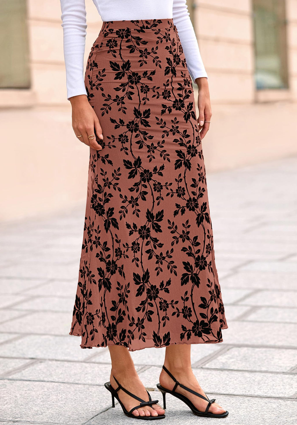 BTFBM Womens Floral Mesh Maxi Skirt Spring Summer Elastic High Waisted Boho Elegant Mermaid Long Skirts for Women