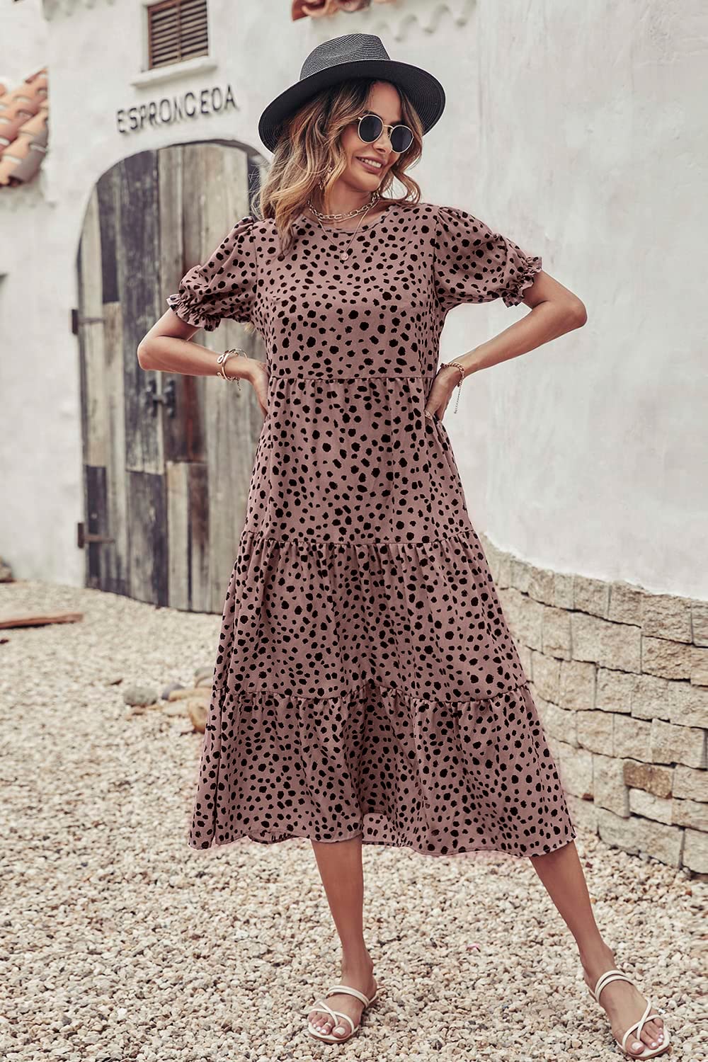 PRETTYGARDEN Summer Dresses for Women Casual Floral Boho Midi Sun Dress Puff Short Sleeve Flowy Beach Vacation Sundress