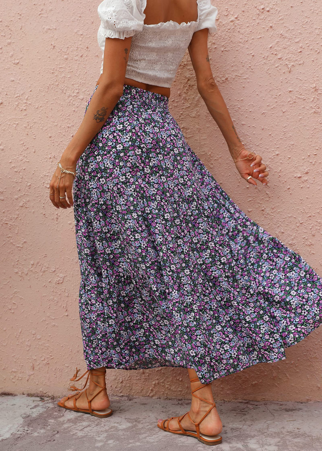 FreshPretty Women Summer Fall Boho Long Skirts Dress Floral Print Elastic Waist Split Ruffle High Low Beach Maxi Skirt