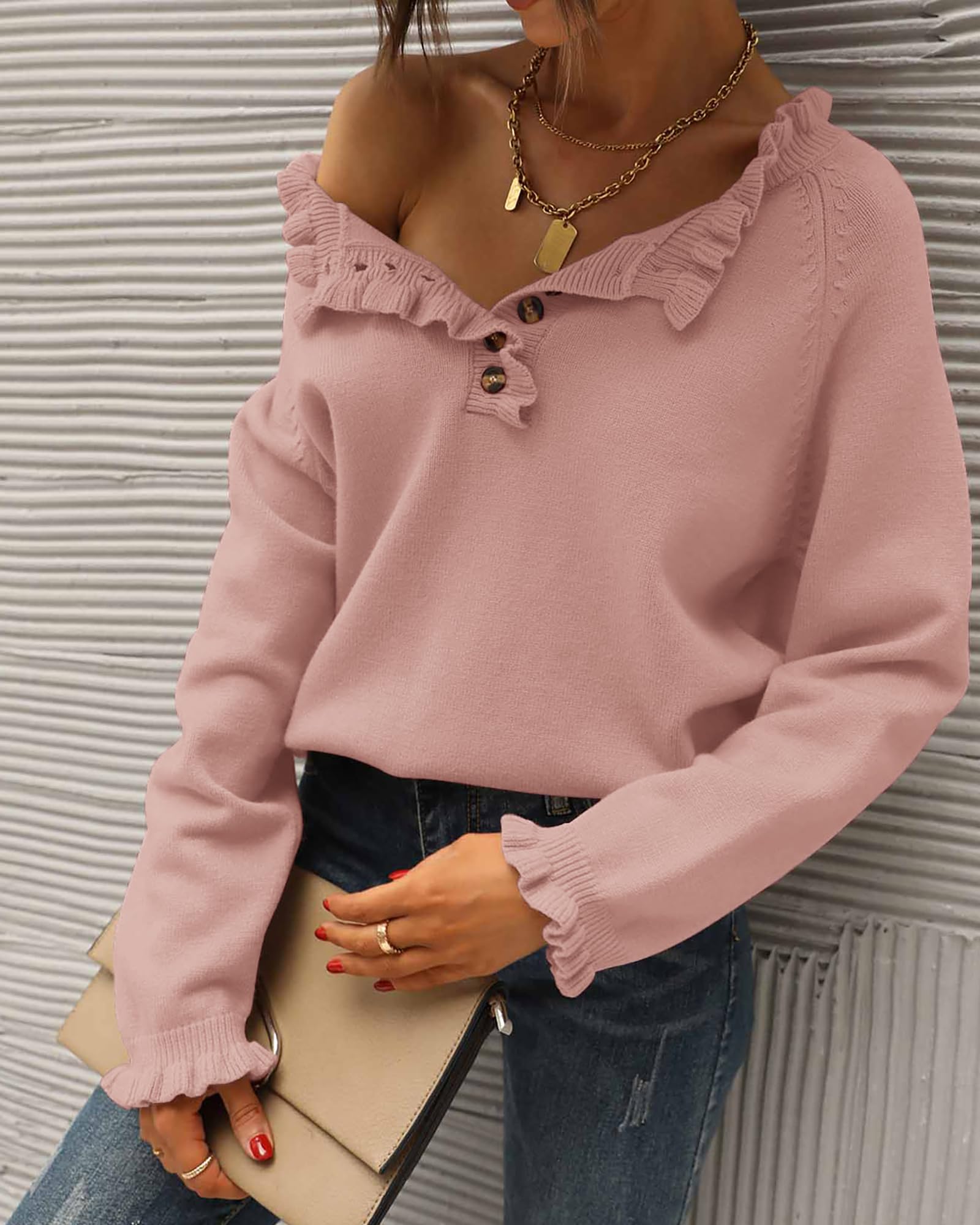 FreshPretty Womens Sweaters Fall Winter Clothes Long Sleeve Button Down Ruffle Crew Neck Casual Knitted Pullover Tops