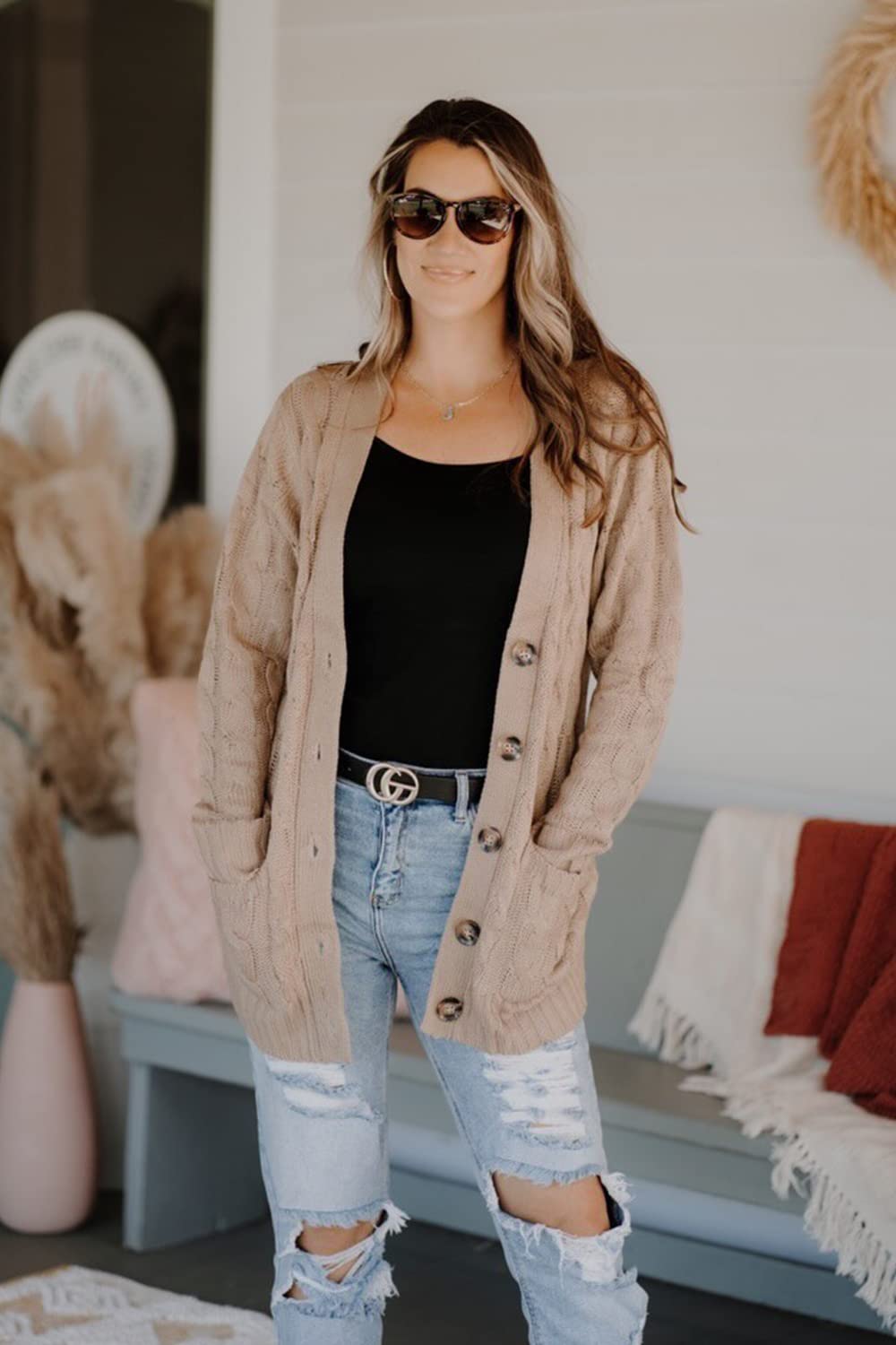 PRETTYGARDEN Women's Open Front Cardigan Sweaters Fall Fashion Button Down Cable Knit Chunky Winter Clothing Outerwear Coats