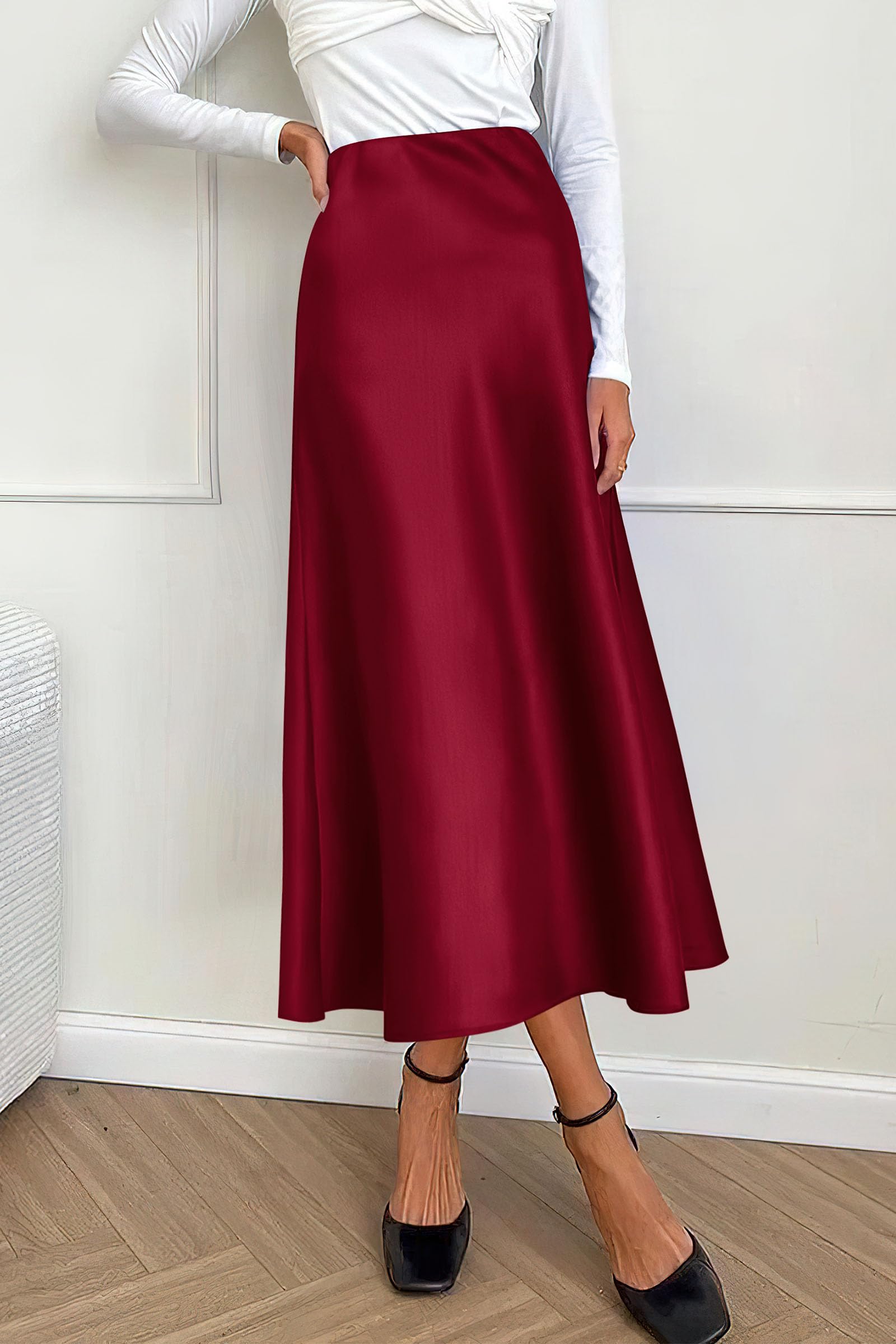 PRETTYGARDEN Women's Satin Skirts Dressy Casual Fall High Waisted Cocktail Wedding Flowy Elegant A Line Midi Skirt