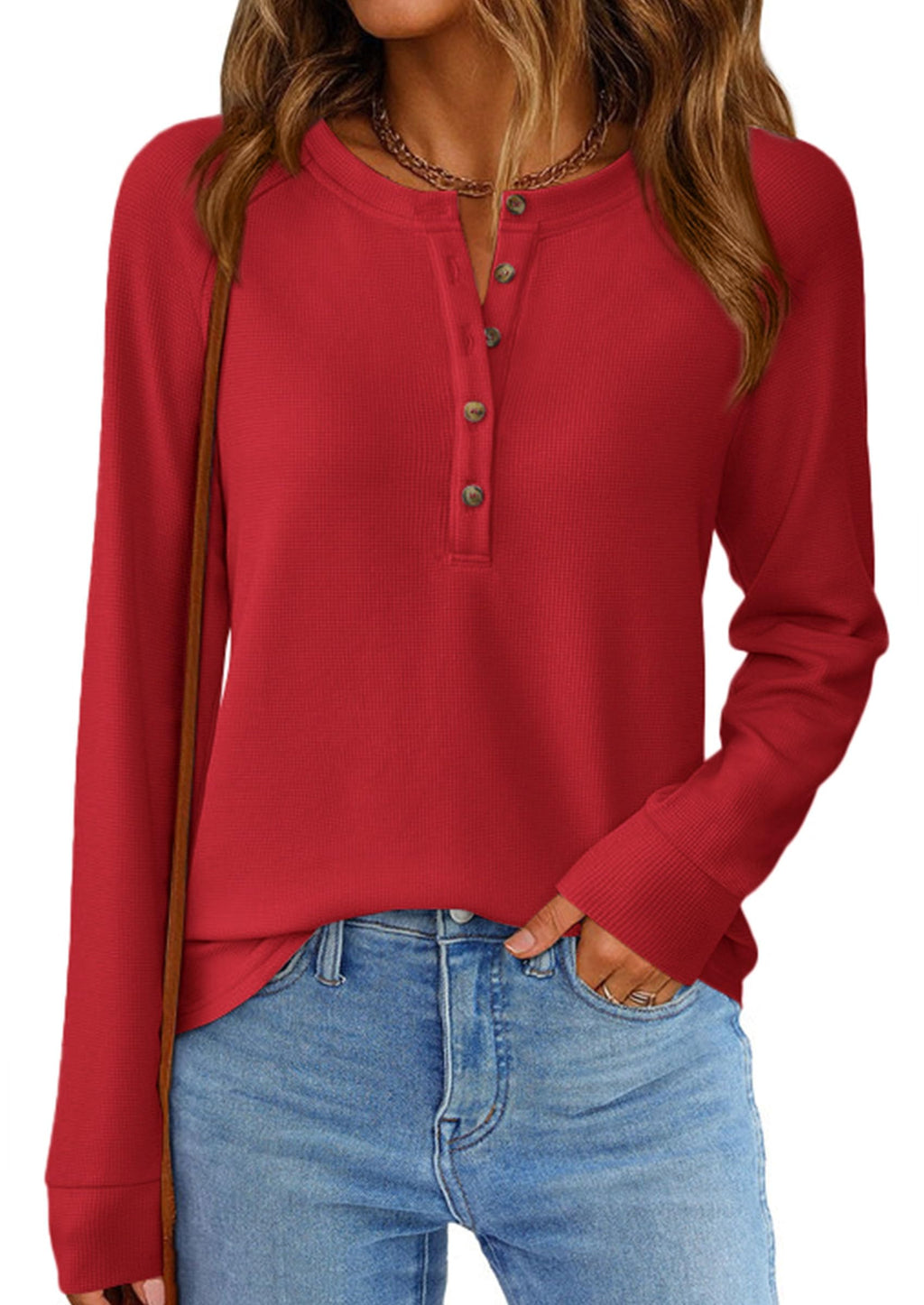 PRETTYGARDEN Women's Long Sleeve Waffle Knit Shirts Fall Casual Button Up Henley V Neck Tunic Tops Loose Fit Basic Tees