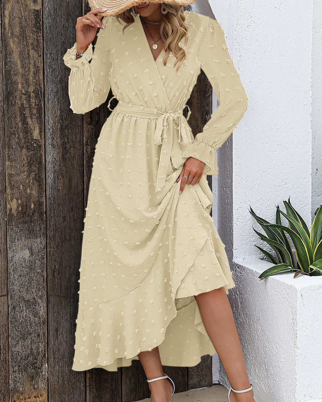 FreshPretty Long Sleeve Maxi Dresses for Women V Neck Swiss Dot Boho Flowy Slit Cocktail Wedding Guest Dress Fall Clothes