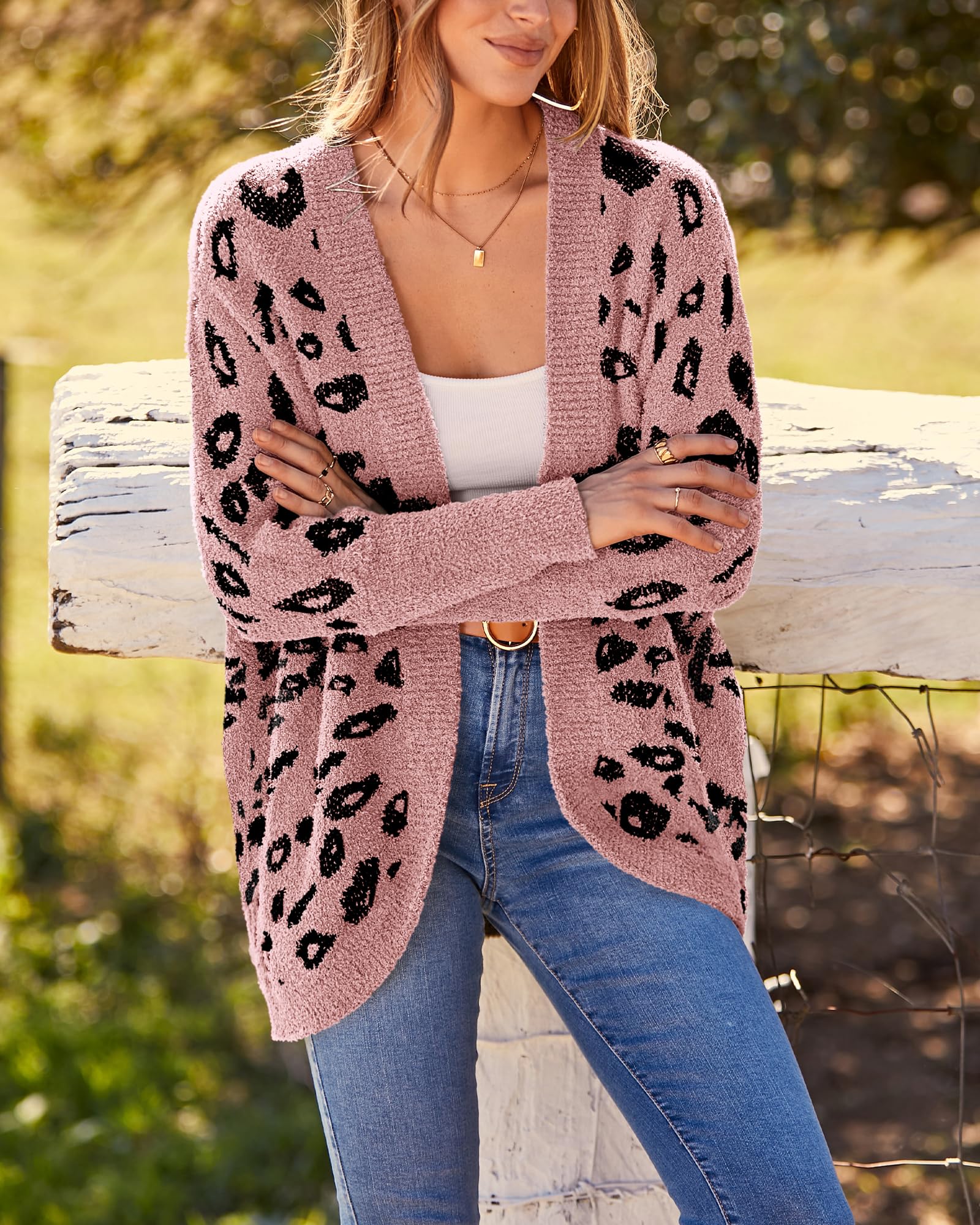 FreshPretty Leopard Cardigan for Women Long Sleeve Open Front Cardigans Sweaters Pockets Loose Knit Fall Winter Outwear