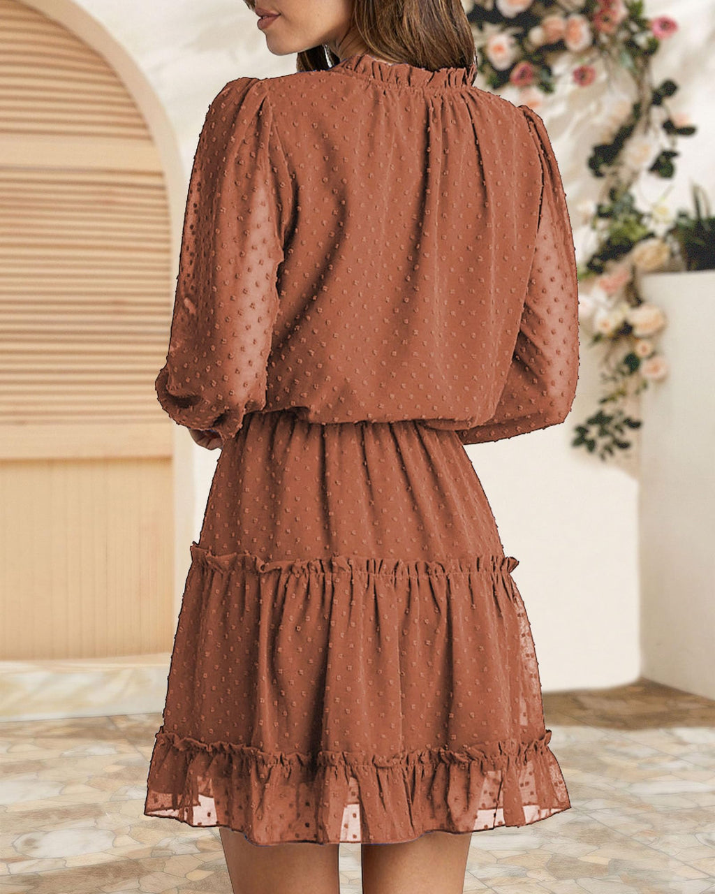 FreshPretty Long Sleeve Fall Dresses for Women Summer Casual Tie Neck Ruffle Tiered A Line Wedding Guest Short Mini Dress