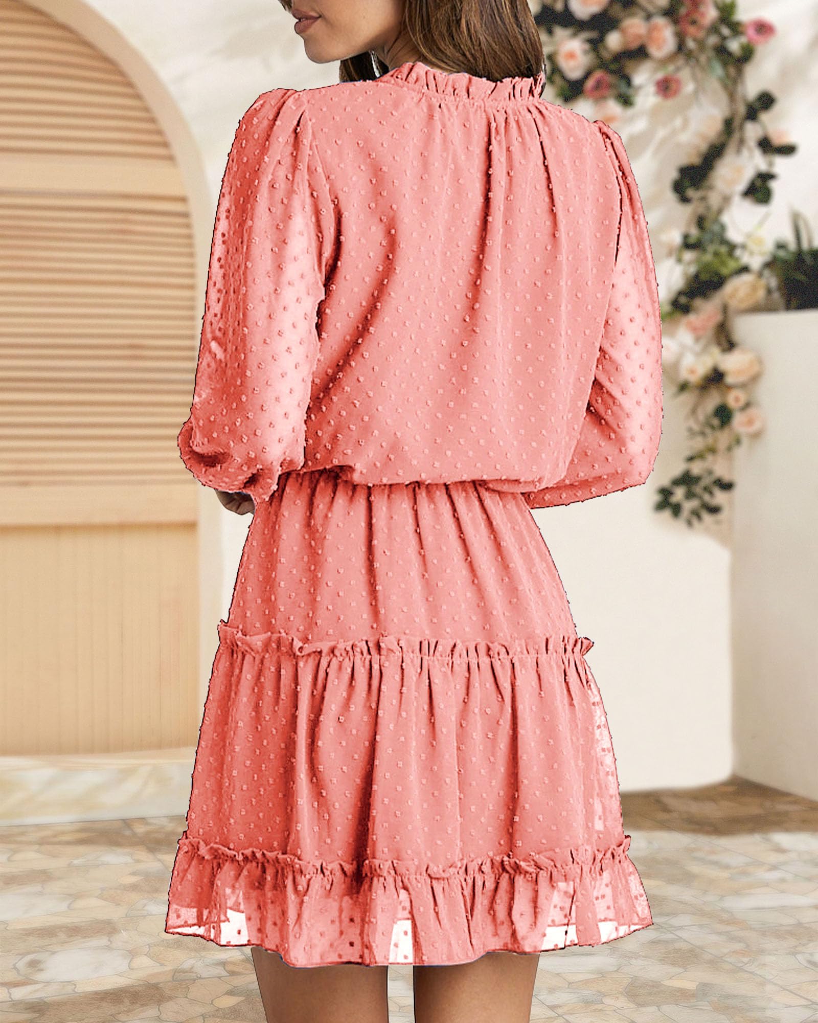 FreshPretty Long Sleeve Fall Dresses for Women Summer Casual Tie Neck Ruffle Tiered A Line Wedding Guest Short Mini Dress