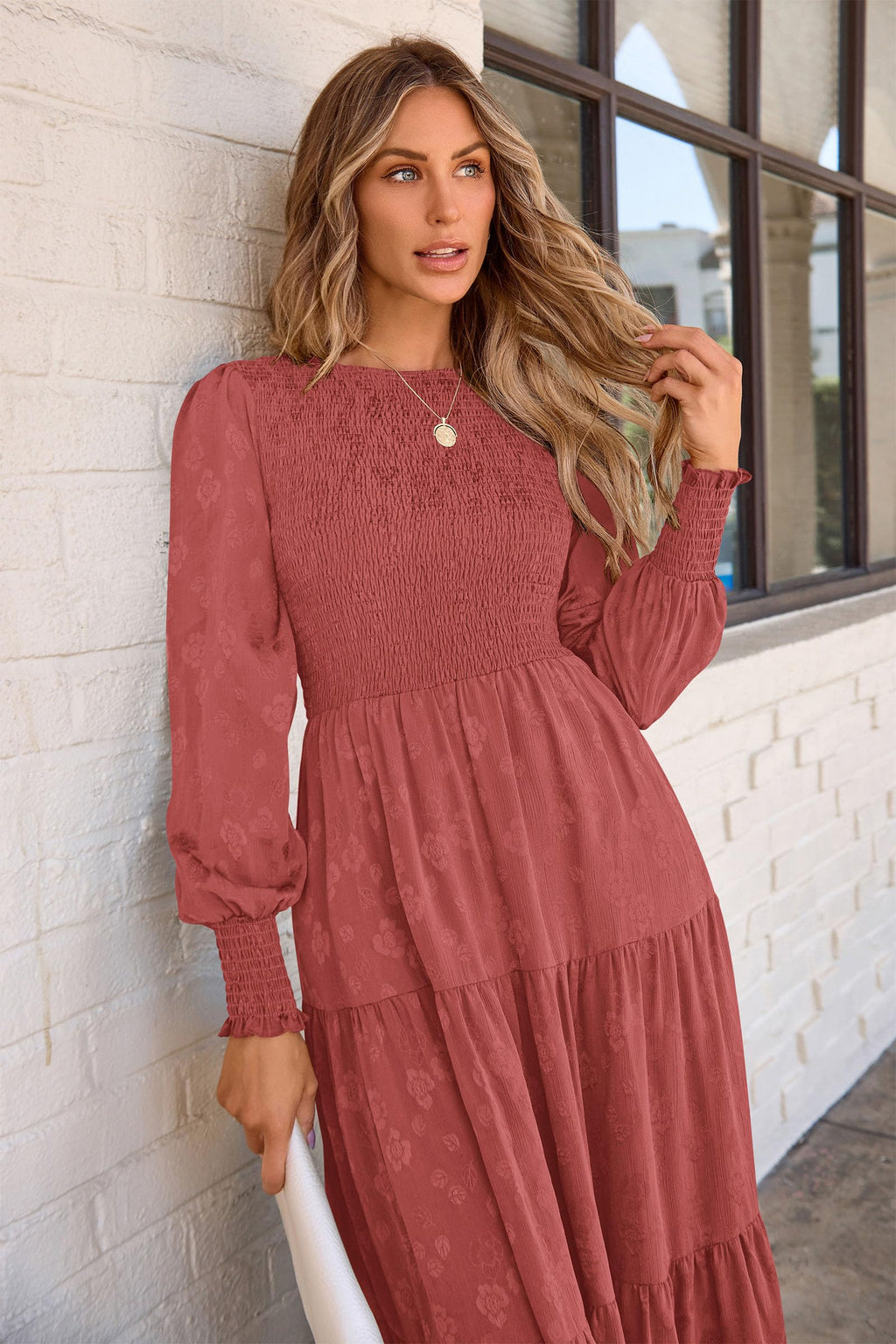 PRETTYGARDEN Women's Fall Spring Midi Dress Long Sleeve Floral Smocked Elegant Wedding Guest Long Flowy Dresses with Pockets