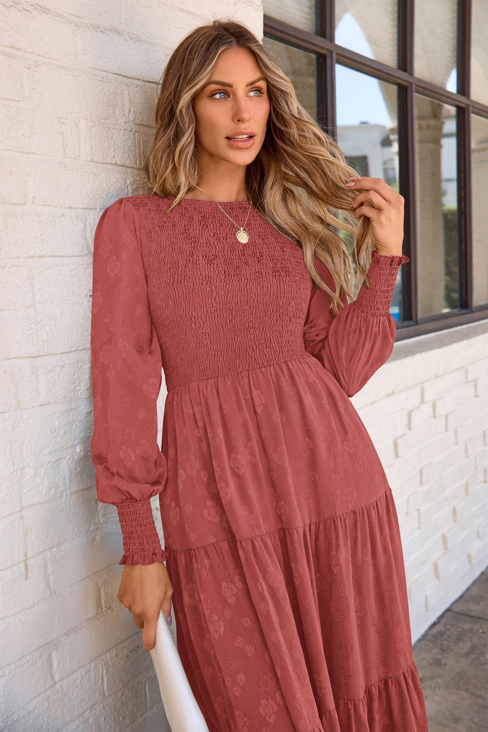 PRETTYGARDEN Women's Fall Spring Midi Dress Long Sleeve Floral Smocked Elegant Wedding Guest Long Flowy Dresses with Pockets