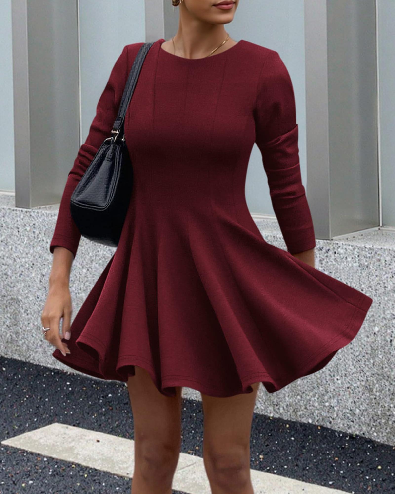 BTFBM Spring Dresses for Women Long Sleeve High Waist Pleated Flowy A Line Party Wedding Guest Dress Business Casual