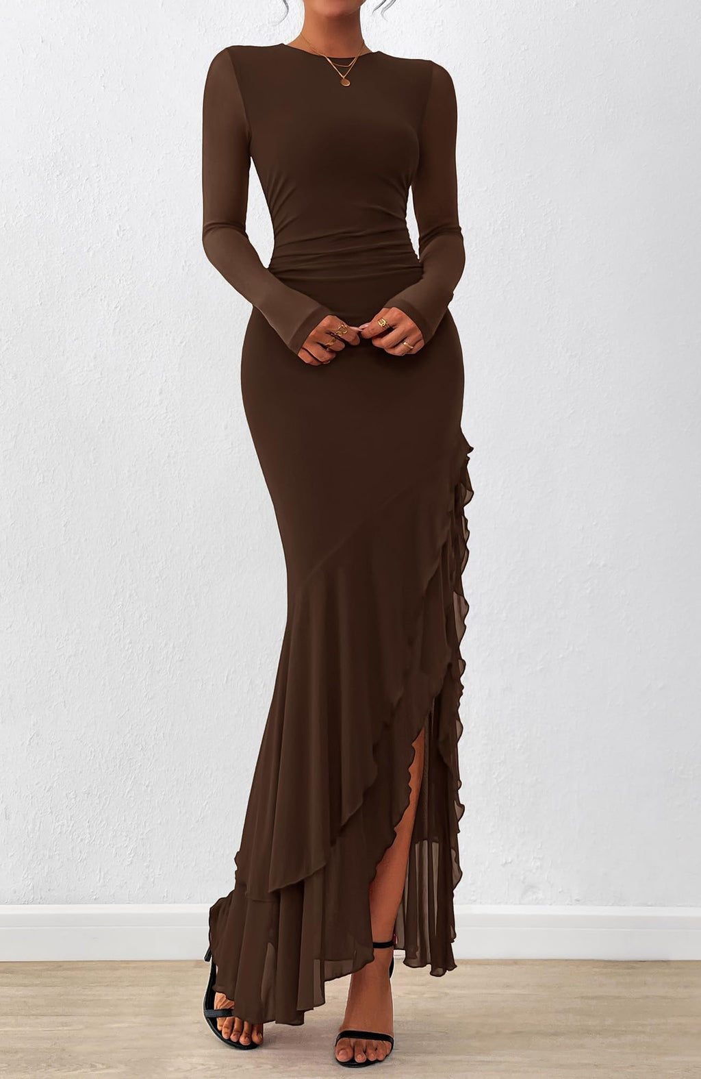 BTFBM Women's Maxi Dresses Fall Long Sleeve Wedding Guest Dress Mesh,Ruched,Bodycon,High Split,Solid Color,Ruffle, Mermaid,Cocktail Dresses,Prom,Party,Homecoming Dress,Fall Outfits