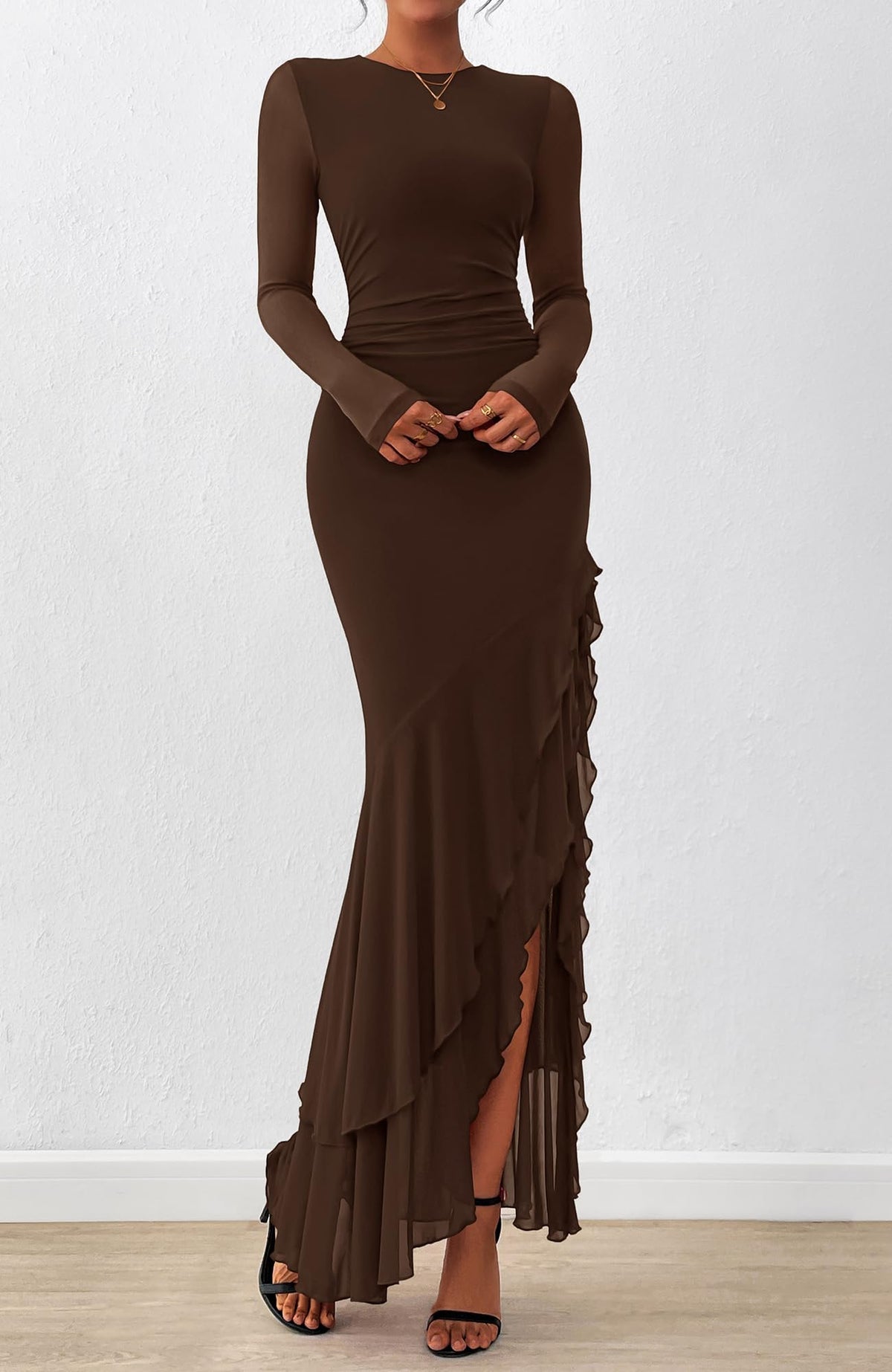 BTFBM Women's Maxi Dresses Fall Long Sleeve Wedding Guest Dress Mesh,Ruched,Bodycon,High Split,Solid Color,Ruffle, Mermaid,Cocktail Dresses,Prom,Party,Homecoming Dress,Fall Outfits