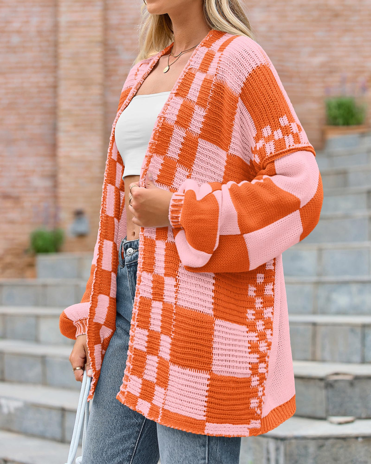 BTFBM Casual Cardigan Sweater for Women Fall Long Sleeve Sweaters Fall Outfits, Loose Fit,Solid,Open Front Chunky Knit Sweaters,Chunky Cardigan Sweaters For Women,Checkered Outwear Coat