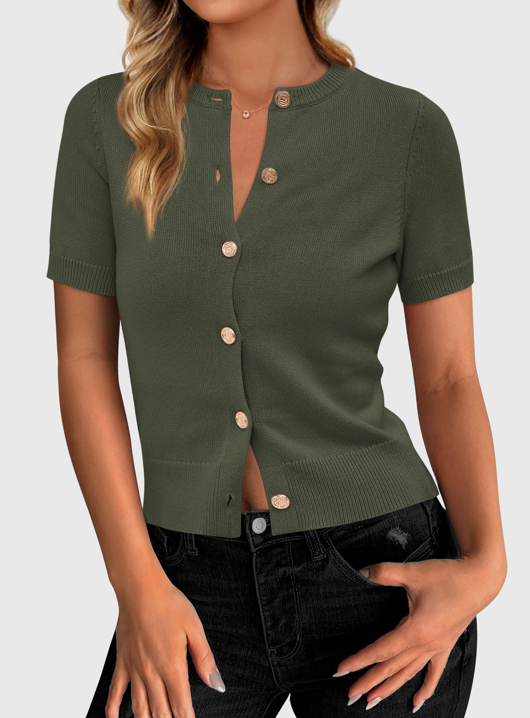 PRETTYGARDEN Womens Casual Summer Short Sleeve Cardigans Button Down Knitted Sweater Basic Crew Neck Crop Tops