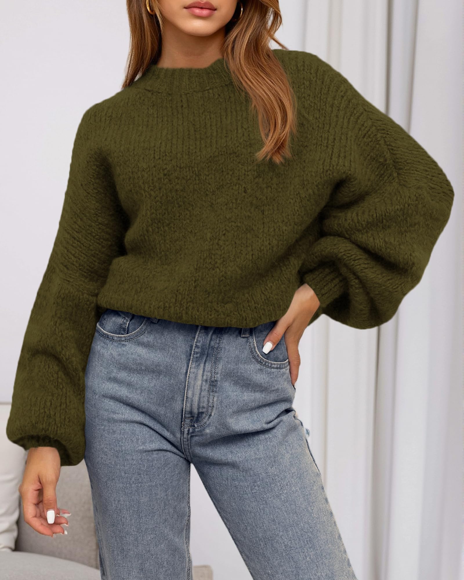 BTFBM Sweaters for Women Fall Crew Neck Lantern Long Sleeve Oversized Sweater Casual Knit Winter Pullover Tops