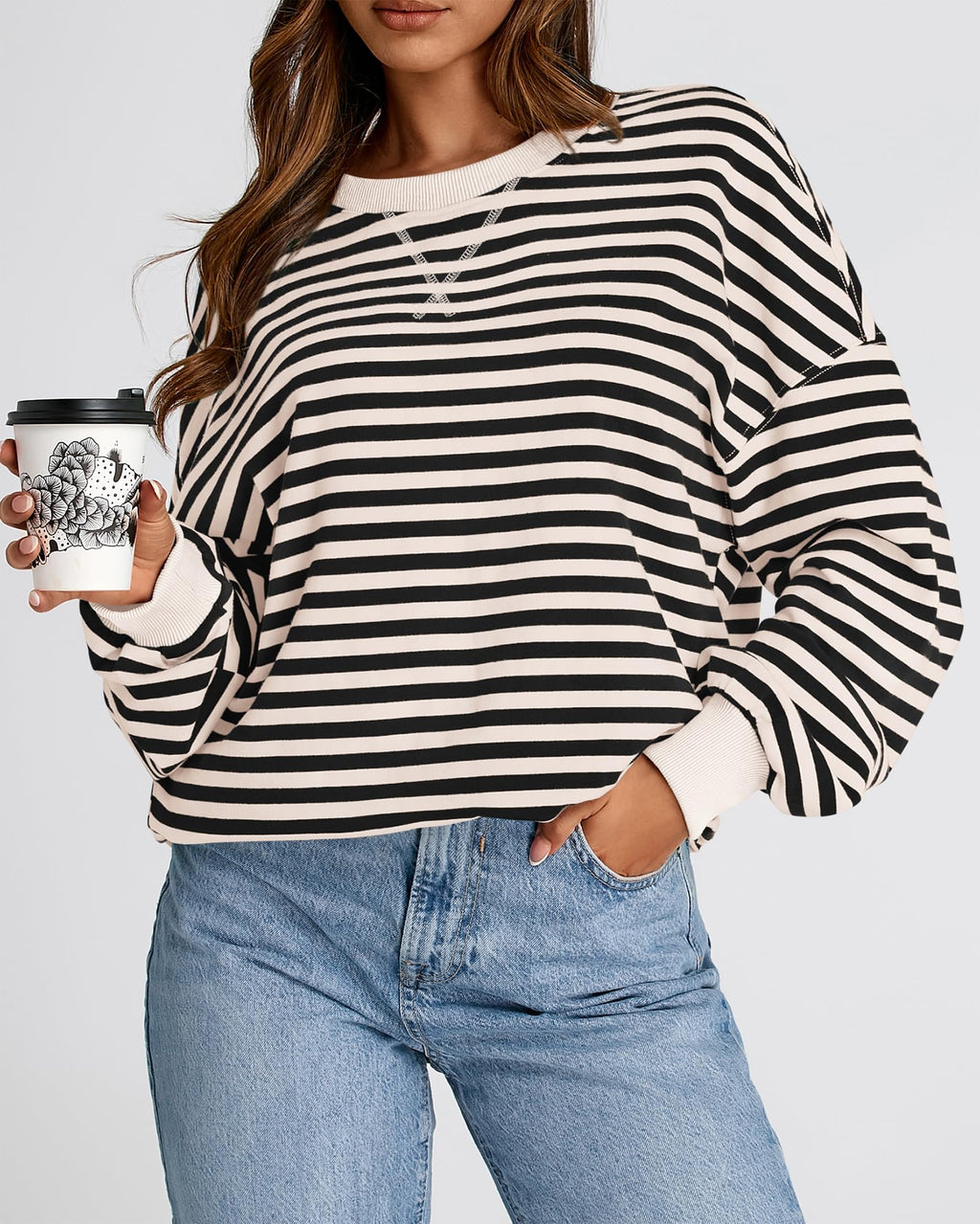 BTFBM Sweatshirt For Women Summer Crewneck Long Sleeve Oversized Striped Pullover Tops Y2K Clothes Workout Shirt