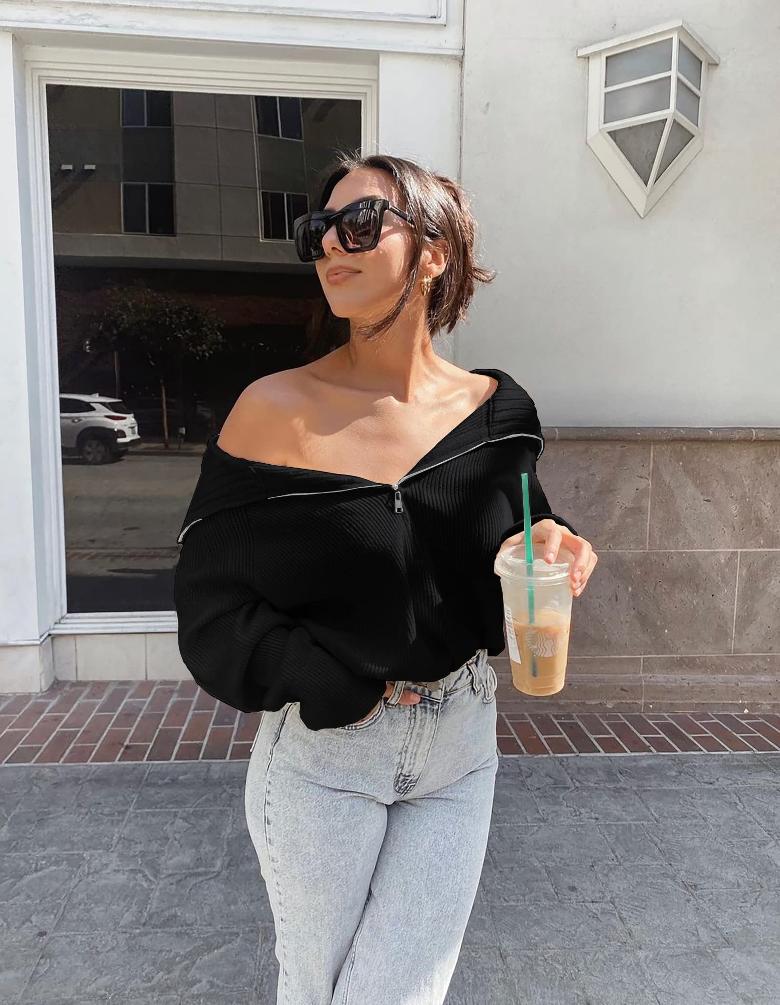 FreshPretty Womens Sweaters Quarter Zip Pullover V Neck Collar Long Sleeve Ribbed Knit Loose Casual Winter Fall Sweater