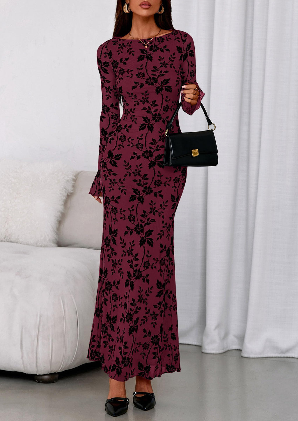 PRETTYGARDEN Women's Floral Bodycon Maxi Dress Fall Elegant Mesh Long Sleeve Formal Wedding Guest Cocktail Dresses