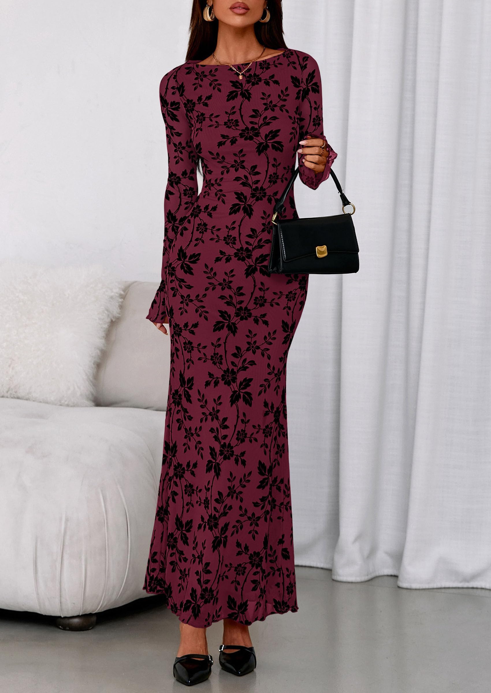 PRETTYGARDEN Women's Floral Bodycon Maxi Dress Fall Elegant Mesh Long Sleeve Formal Wedding Guest Cocktail Dresses