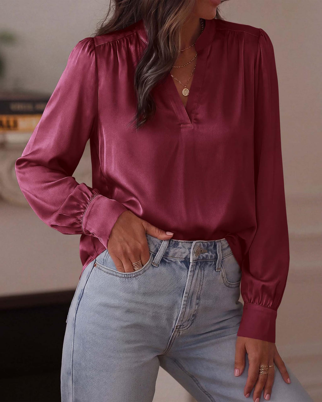 BTFBM Satin Blouses for Women Dressy Casual | Lightweight,V Neck,Long Sleeve Tops,Going Out Outfits,Fall Fashion Clothing