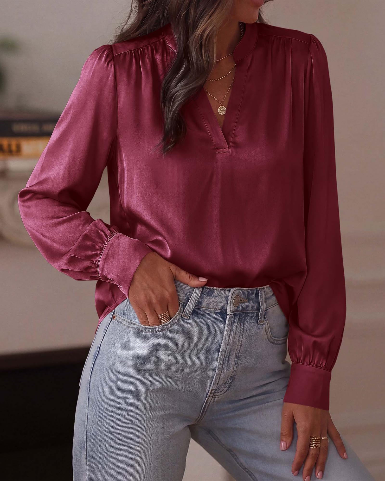 BTFBM Satin Blouses for Women Dressy Casual | Lightweight,V Neck,Long Sleeve Tops,Going Out Outfits,Fall Fashion Clothing