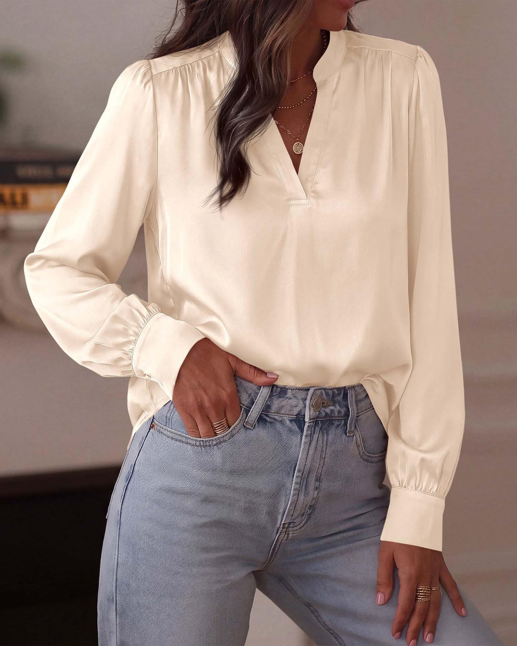 BTFBM Satin Blouses for Women Dressy Casual | Lightweight,V Neck,Long Sleeve Tops,Going Out Outfits,Fall Fashion Clothing