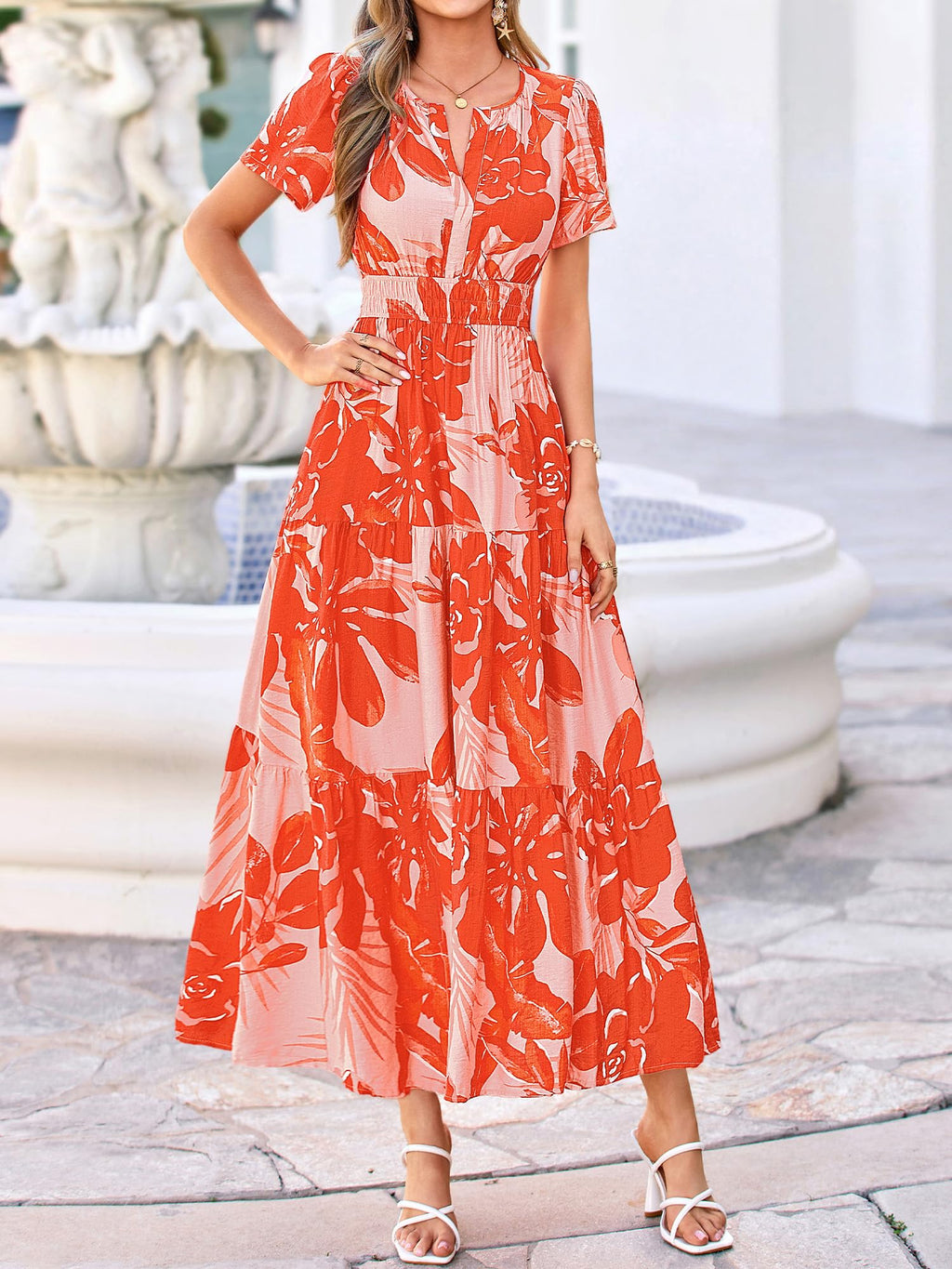 BTFBM Womens Summer Floral Maxi Dresses V Neck Short Sleeve Boho Casual Flowy Long Wedding Guest Dress Beach Vacation