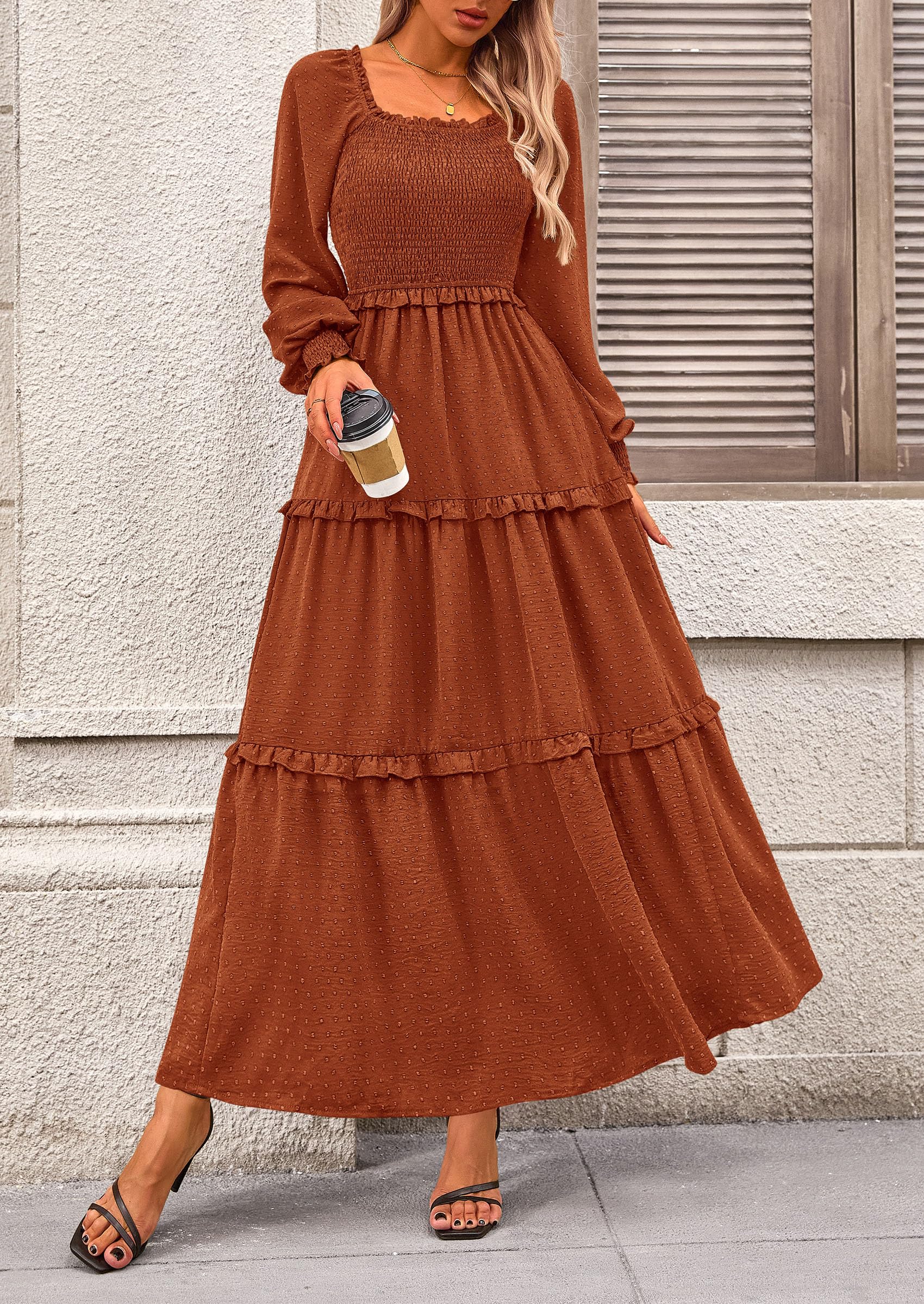 PRETTYGARDEN Fall Dresses for Women Long Sleeve Smocked Square Neck Swiss Dot Tiered Flowy Wedding Guest Maxi Dress