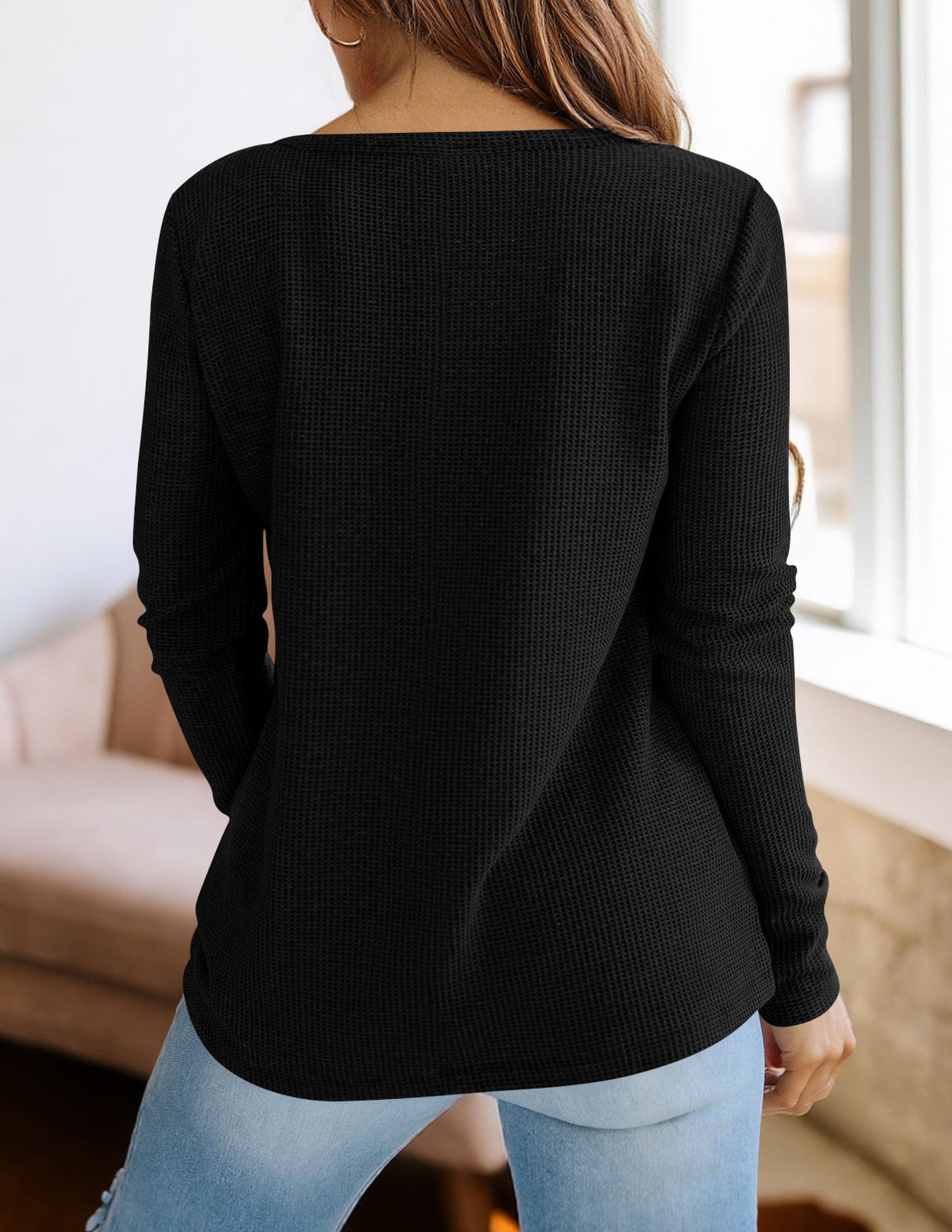 PRETTYGARDEN Long Sleeve Shirts for Women Fall V Neck Waffle Basic Tee Dressy Casual Winter Blouses Knit Tunic Tops