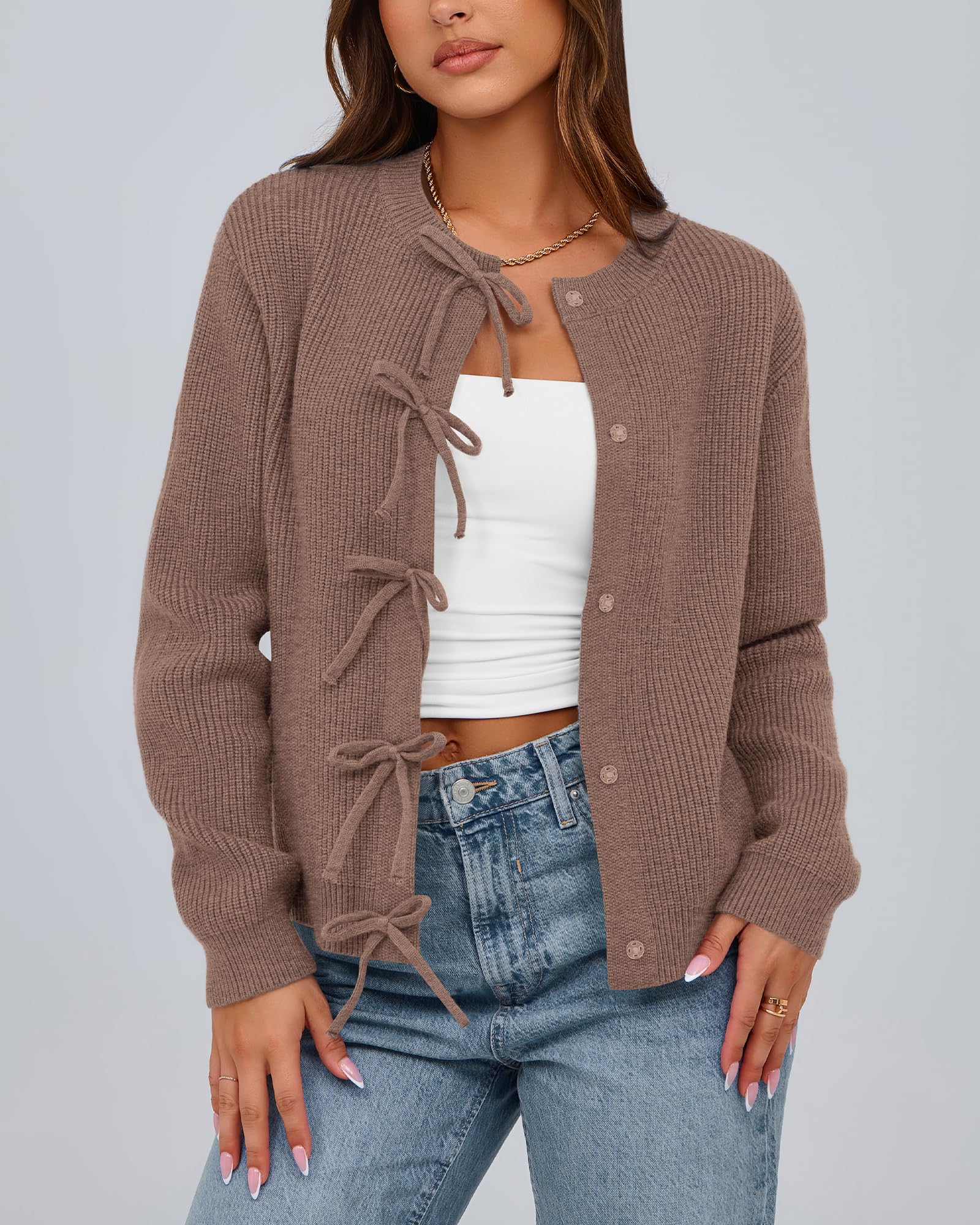 BTFBM Bow Cropped Cardigan Sweaters for Women Fall Winter Open Front Sweater Long Sleeve Button Fashion Spring Clothes