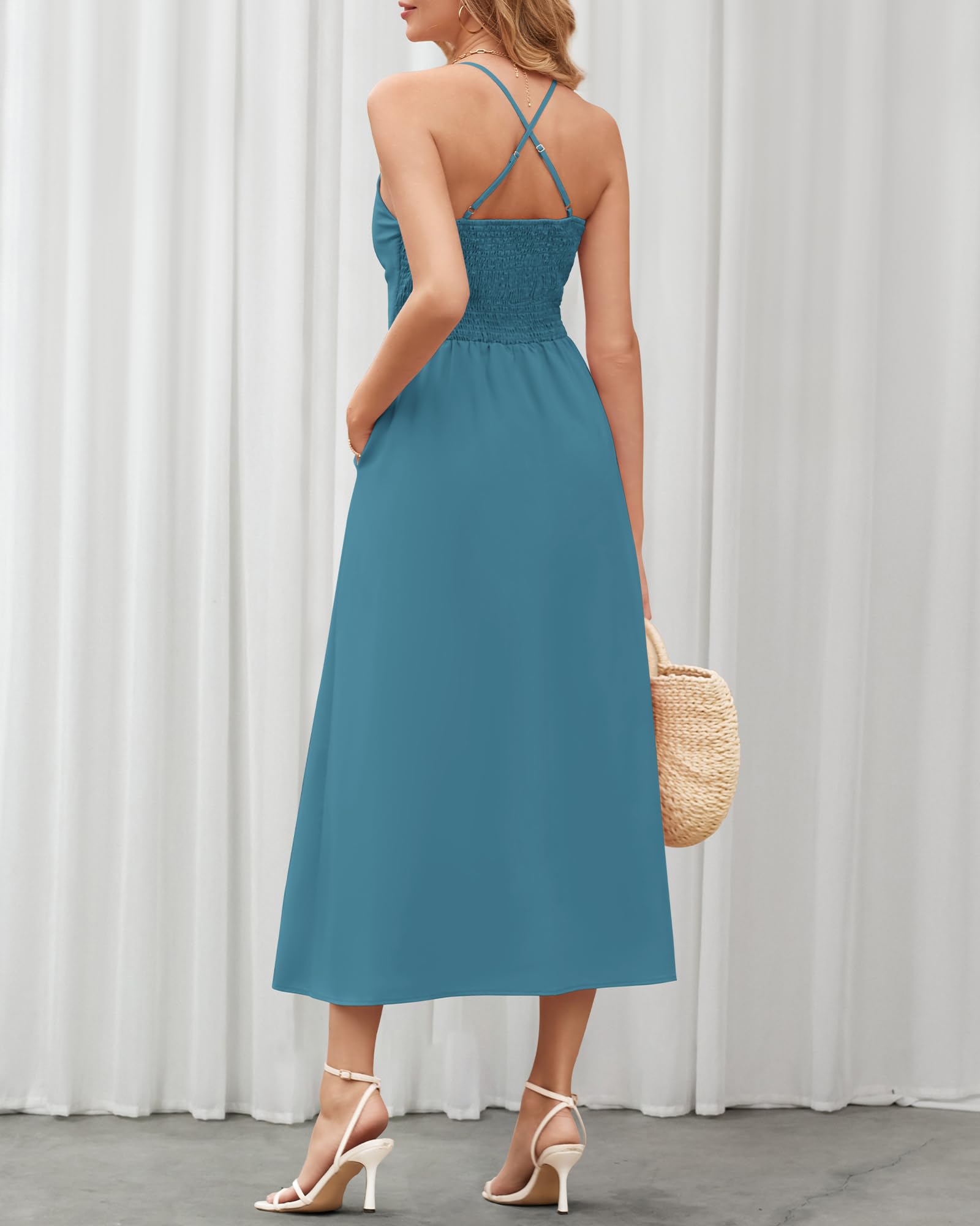 BTFBM Women Spaghetti Strap Midi Summer Dresses Sleeveless V Neck Cutout Slit Casual Beach Party Maxi Dress Pockets