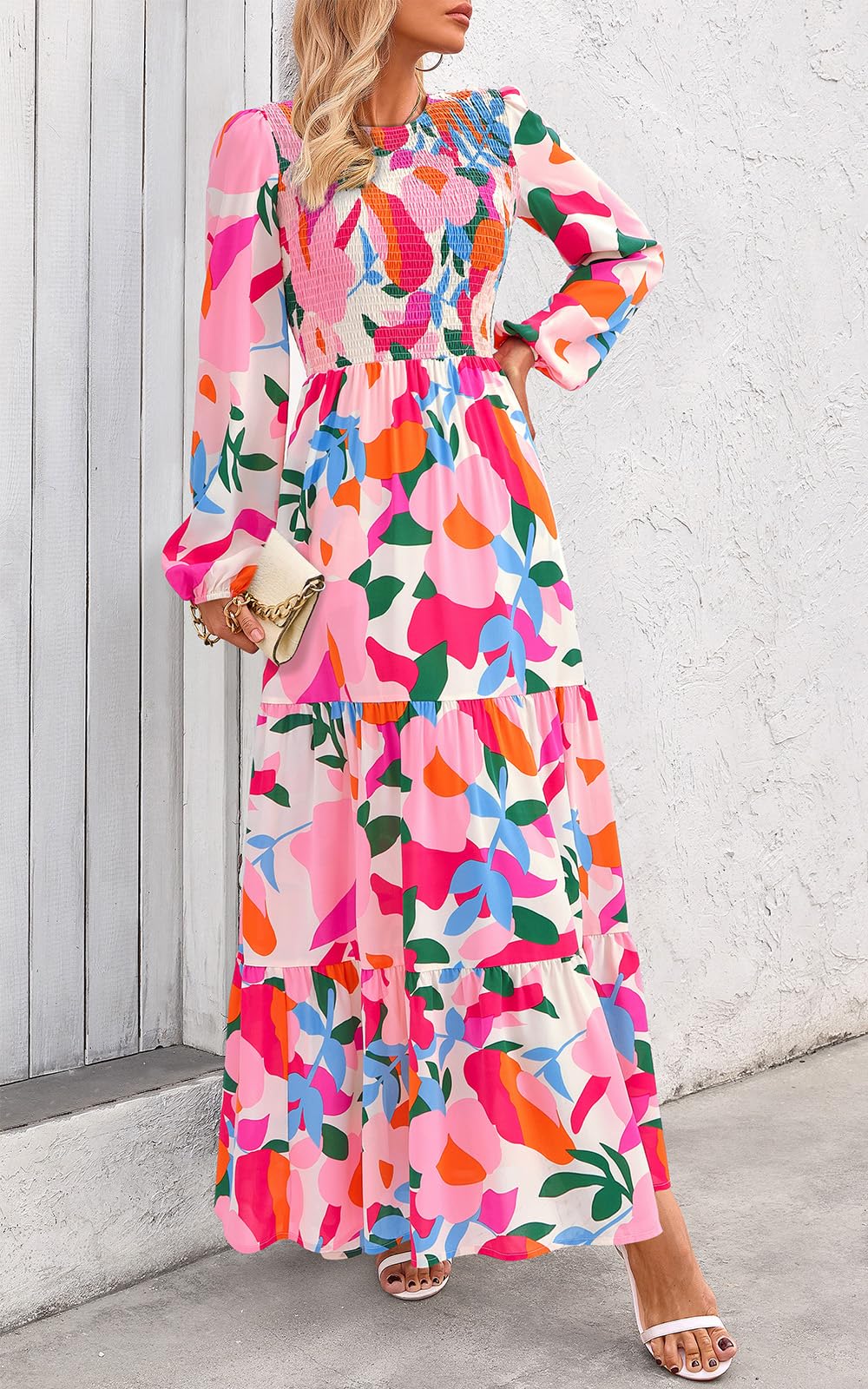 PRETTYGARDEN Women's Fall Dresses Long Sleeve Flowy Casual Floral Maxi Dress Crew Neck Smocked Tiered Long Dress